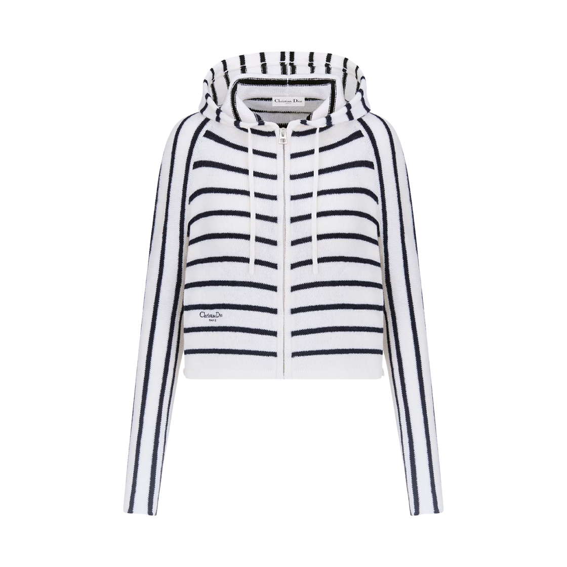 544G09A2025-0883 (W) Dior D-Stripe Virgin Wool Knit Hooded Zipped Cardigan Navy Blue White