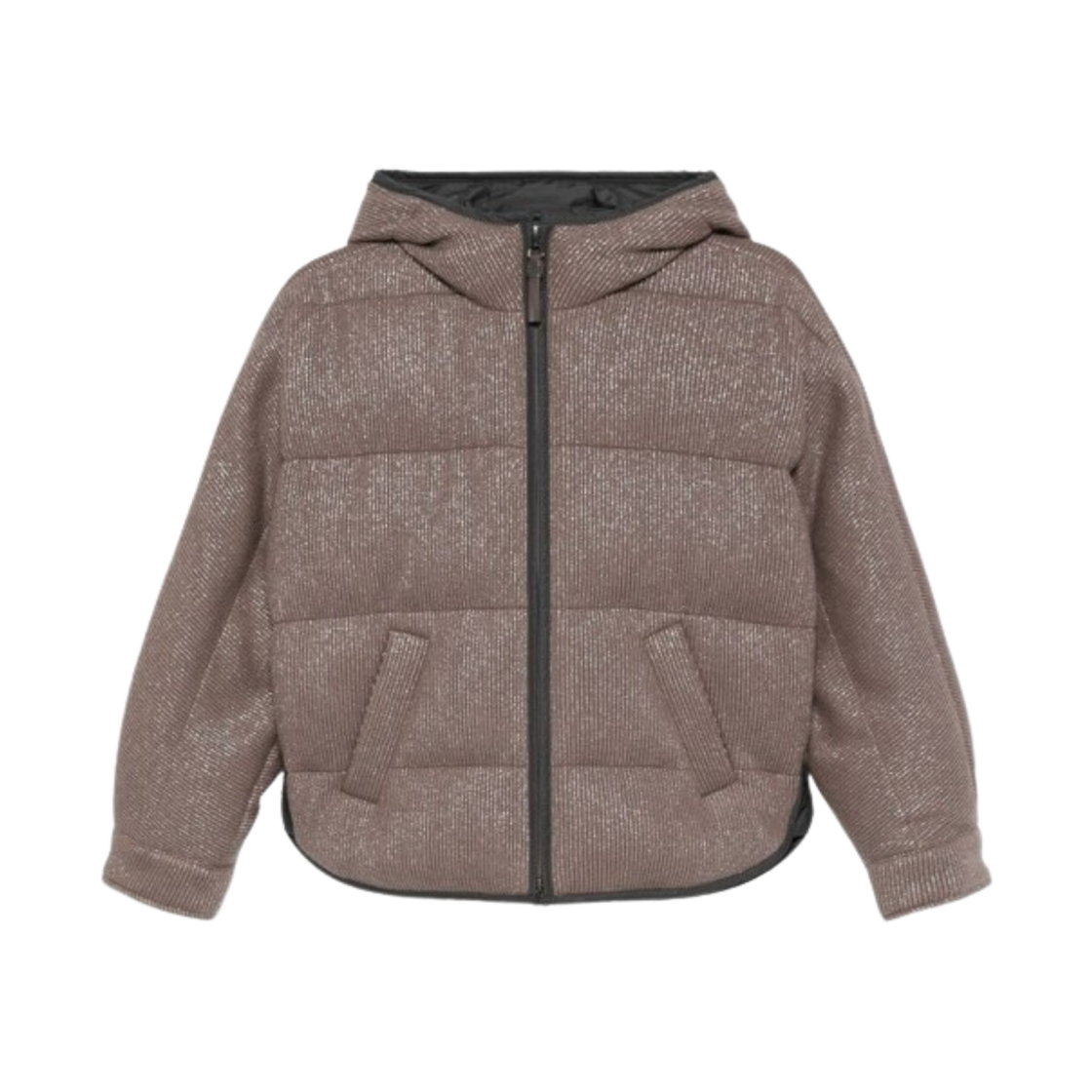 M01ET7728-CEH01 (W) Brunello Cucinelli Sparkling Cashmere English Rib Knit Hooded Down Jacket Brown