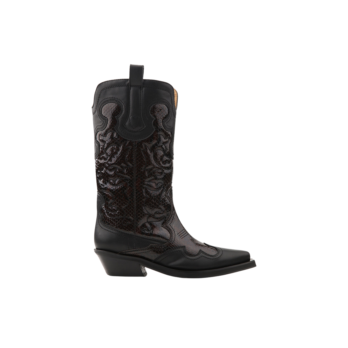 (W) 가니 미드 샤프트 자수 웨스턴 부츠 블랙 다크 버건디((W) Ganni Mid Shaft Embroidered Western Boots Black Dark Burgundy)