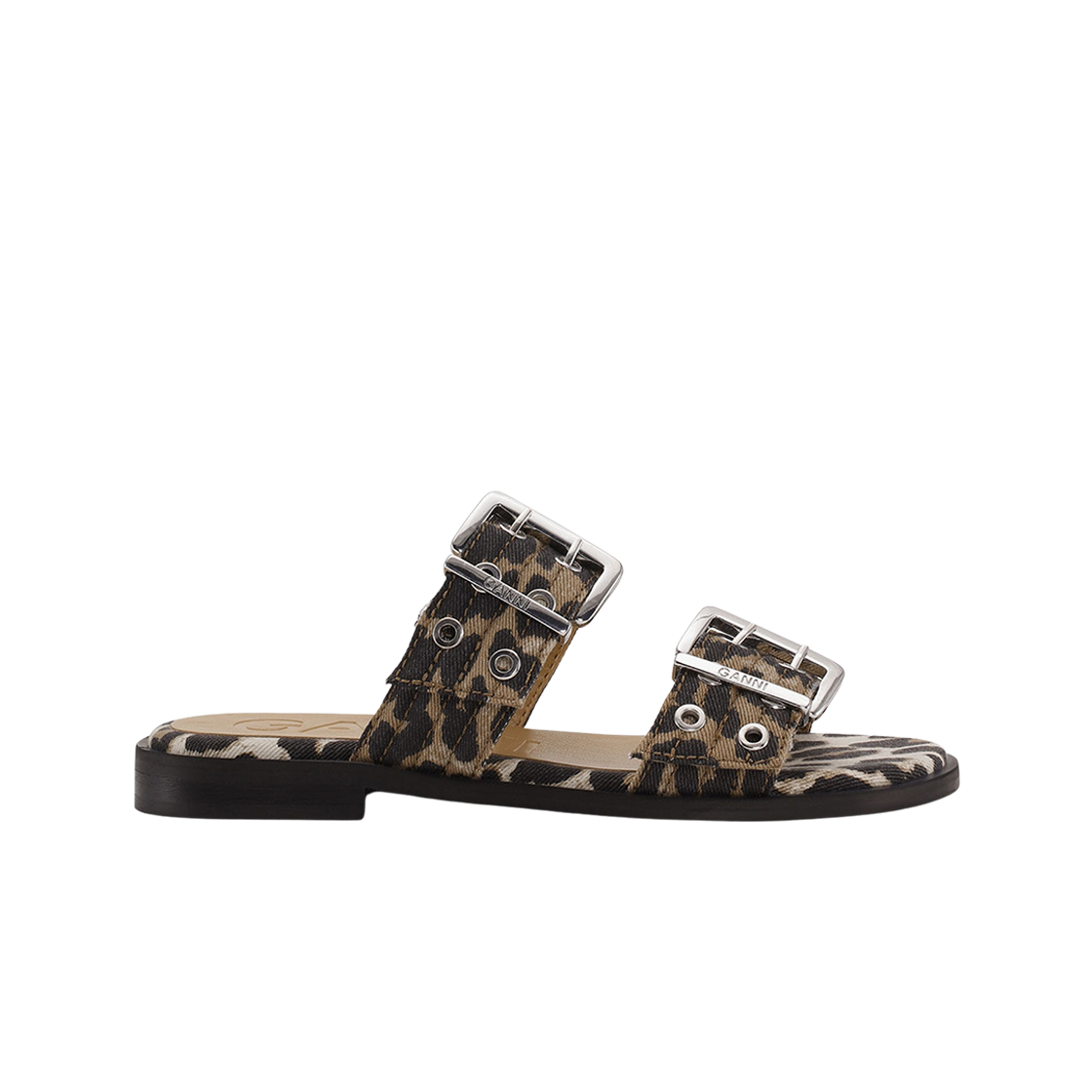 (W) 가니 데님 페미닌 버클 투 스트랩 샌들 레오파드((W) Ganni Denim Feminine Buckle Two Strap Sandals Leopard)