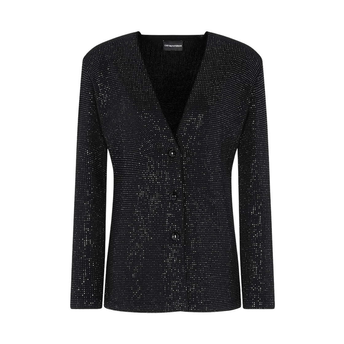 EW002688AF19921UC001 (W) Emporio Armani Virgin Wool Blend Plain Knit Cardigan with All Over Rhinestones Black