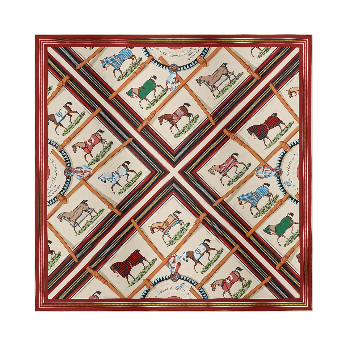 H903577S13 (W) Hermes Couvertures ET Tenues De Jour Double Face Scarf 90 Creme Rouge H Noir