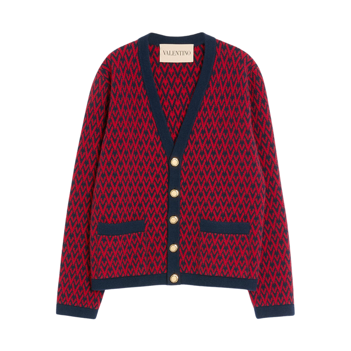 KA04IAR1BR5 Valentino Wool Cardigan with Toute La V Pattern Navy Red