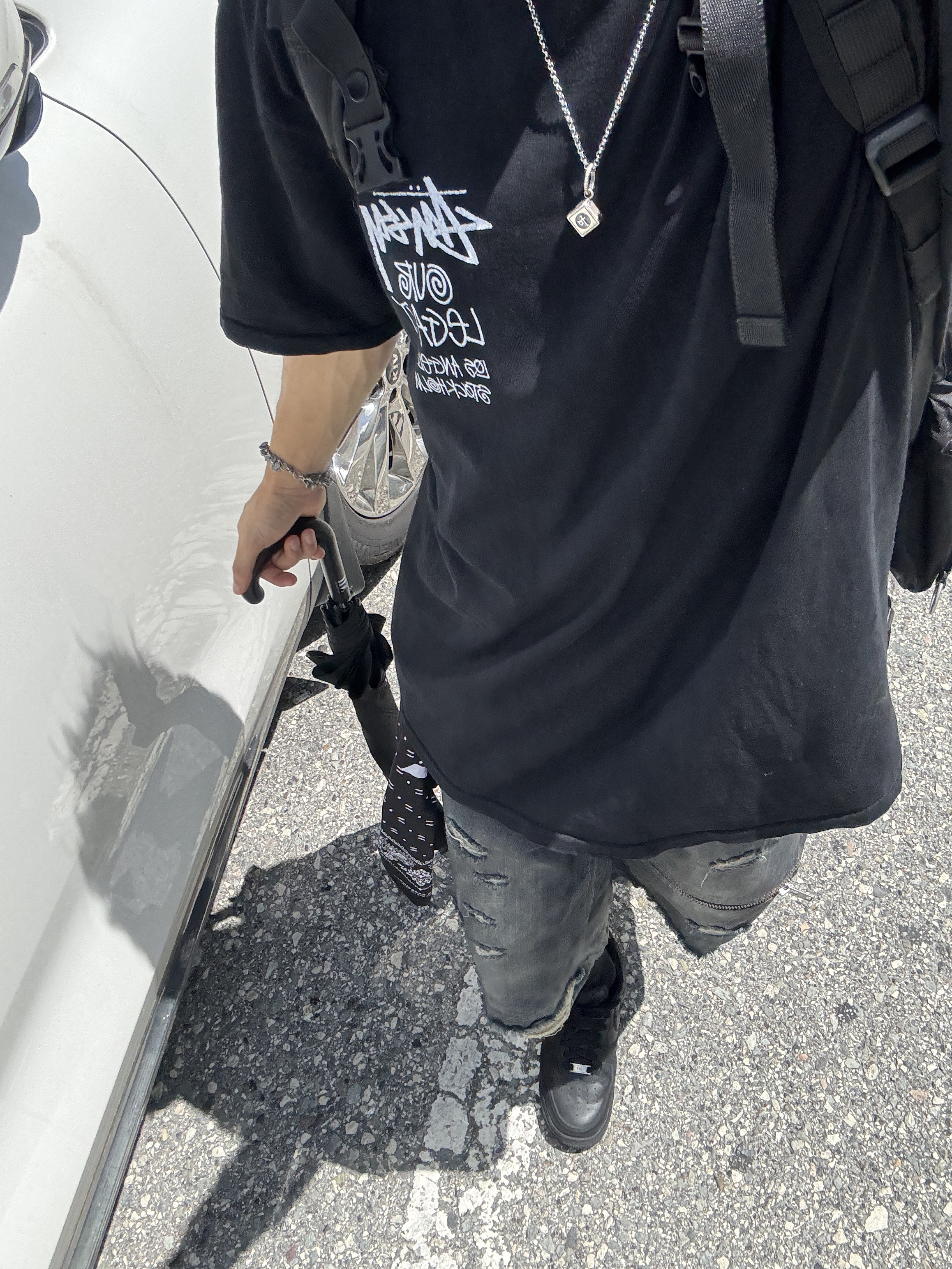 WELTER EXPERIMENT Vintage Paisley Bandana Black, Stussy x Our Legacy Surfman Pigment Dyed T-Shirt Black 착용 스타일