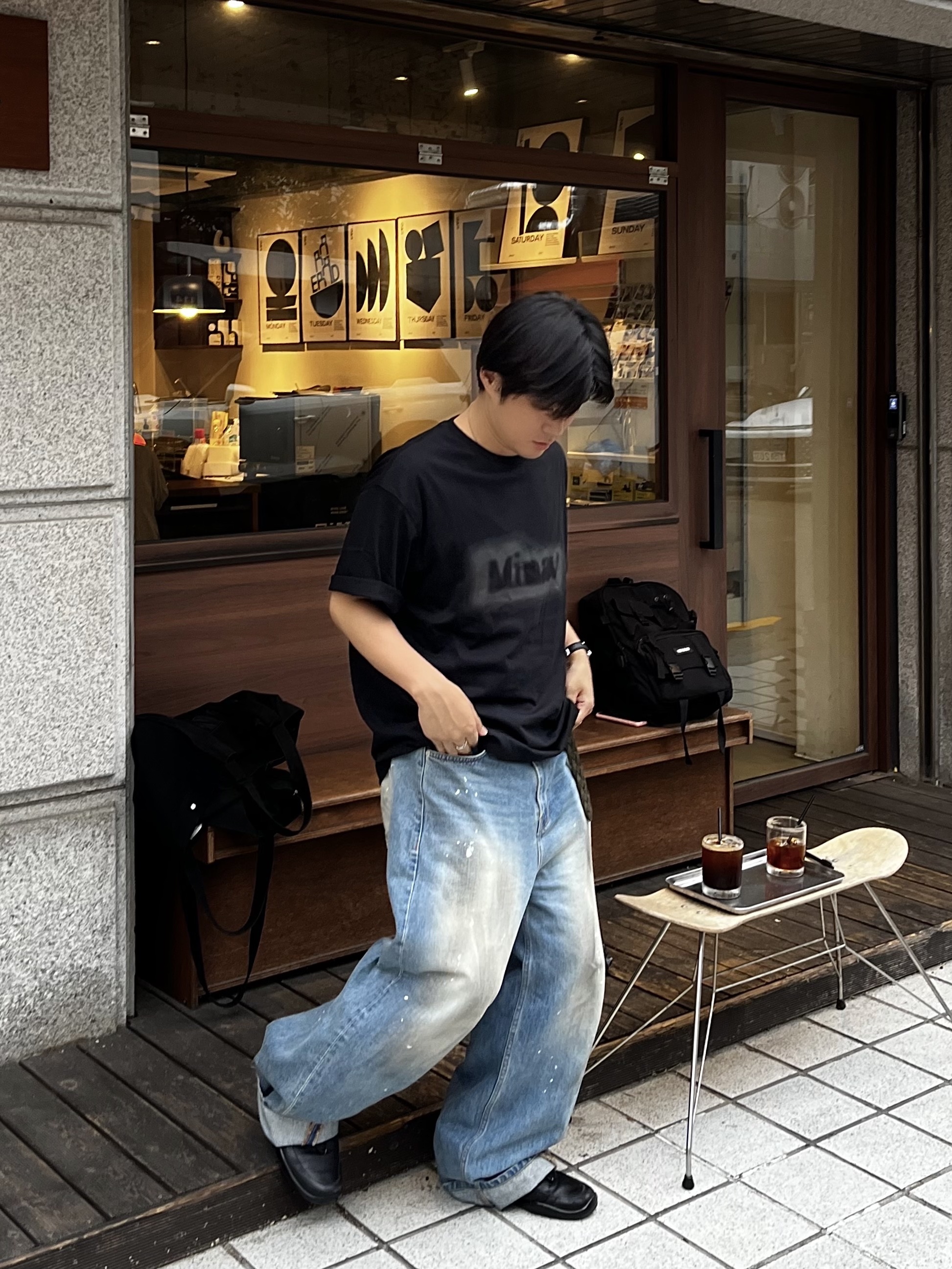 noun Wide Curved Denim Pants Painting Blue 착용 스타일 - 1