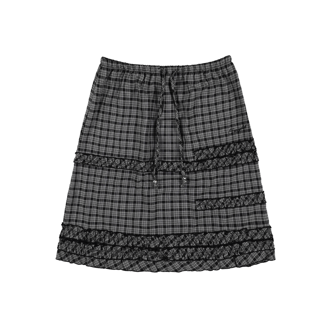 팬시클럽 슈슈 프릴 체크 미디 스커트 블랙