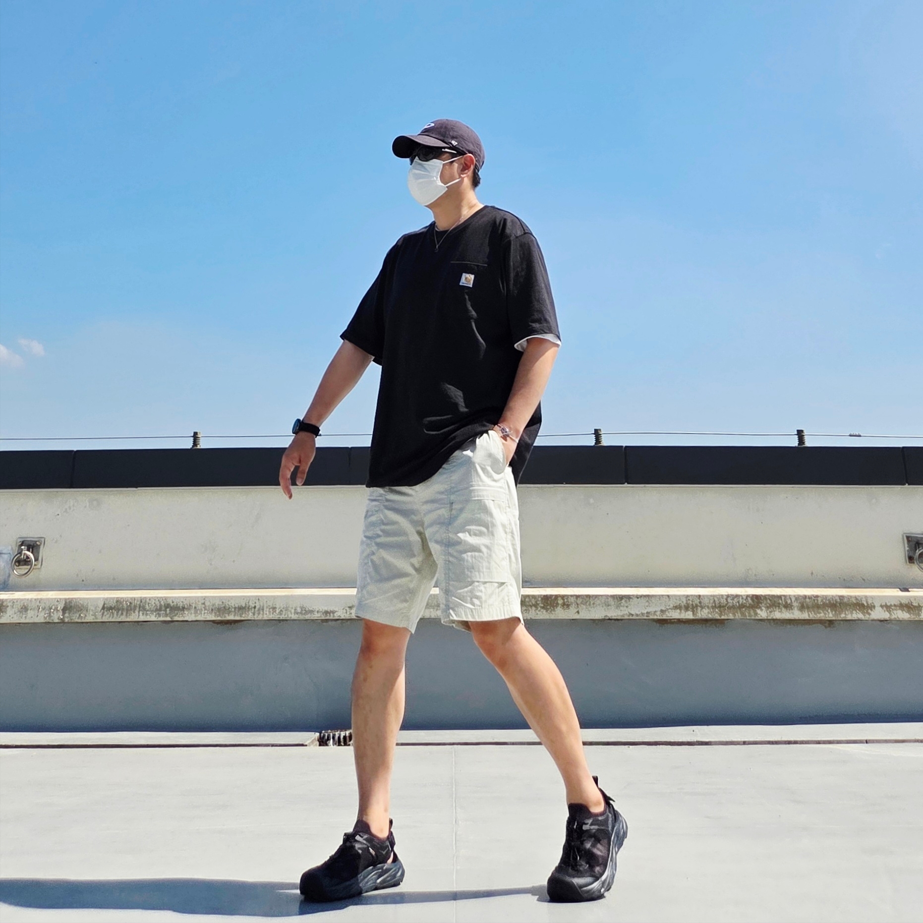 Oakley Eye Jacket Redux Matte Black Frame Prizm Grey Lenses High Bridge Fit, Oakley Remix Dad Hat Blackout 착용 스타일 - 1
