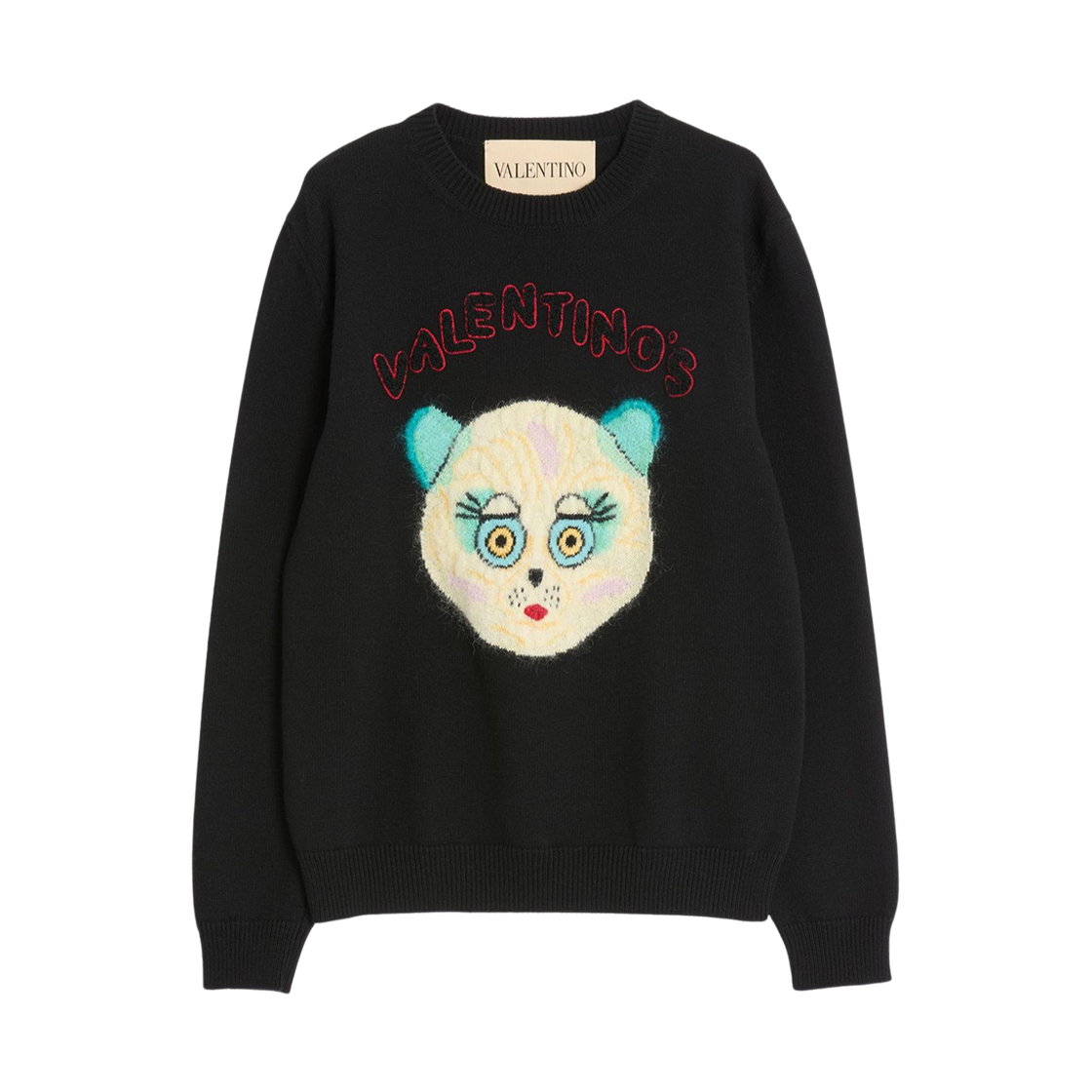 KC35IB2V0NO Valentino Wool and Cotton Sweater with Le Chat De La Maison Patch Black