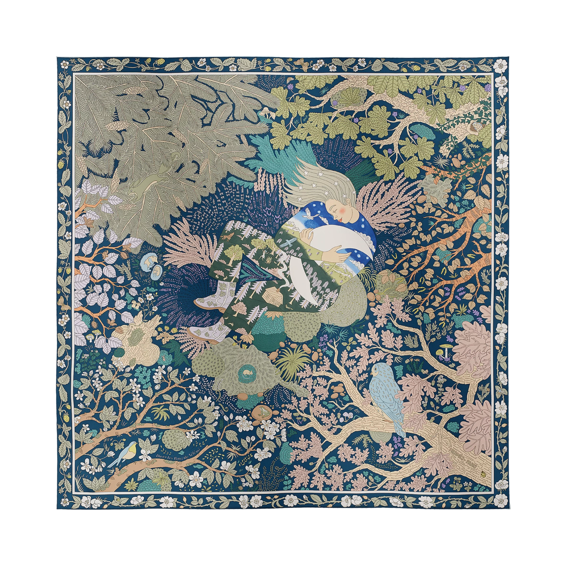 H004284S07 (W) Hermes Dans Les Bras De Selene Scarf 90 Bleu Petrole Vert Bleu Ciel