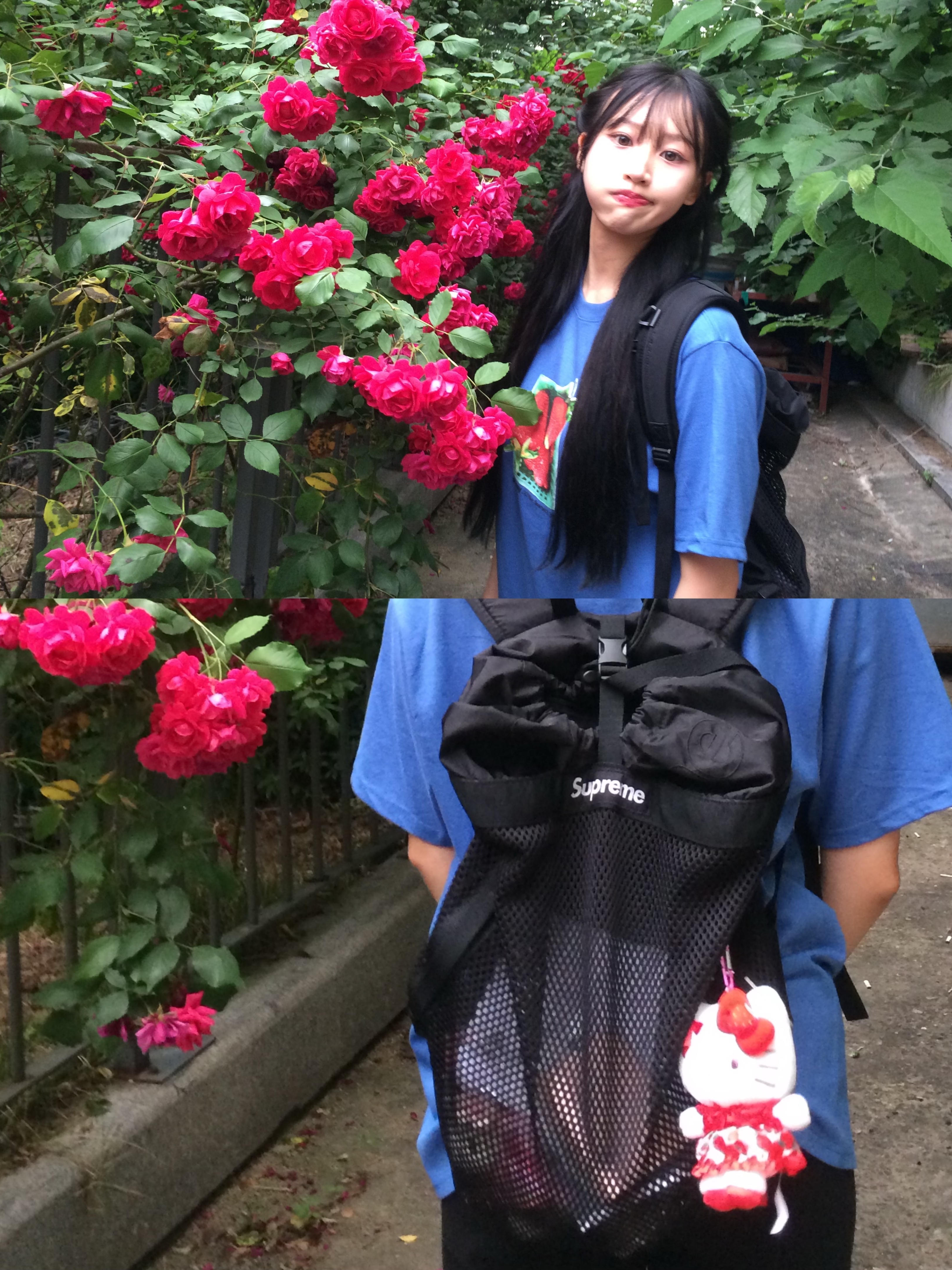 Stussy Berries T-Shirt Blue, Supreme Mesh Backpack Black - 23SS 착용 스타일 - 3