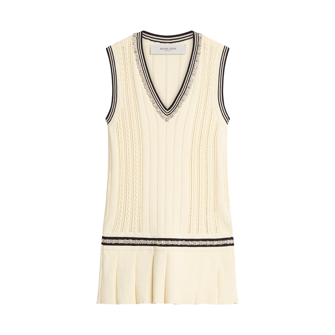 GWP02119-P001912-11782 (W) Golden Goose Cotton Vest Dress with Dark Blue Ribbing and Crystals Worn White