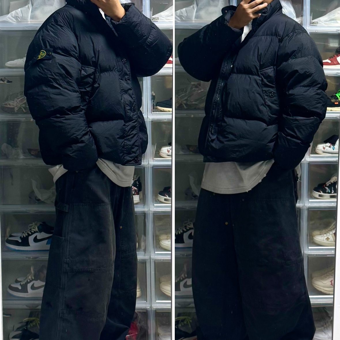 Stone Island 4100010 Crinkle Reps NY Recycled Nylon Down Jacket with Wind Resistant Black - 25FW, Balenciaga Double Knee Pants Black 착용 스타일