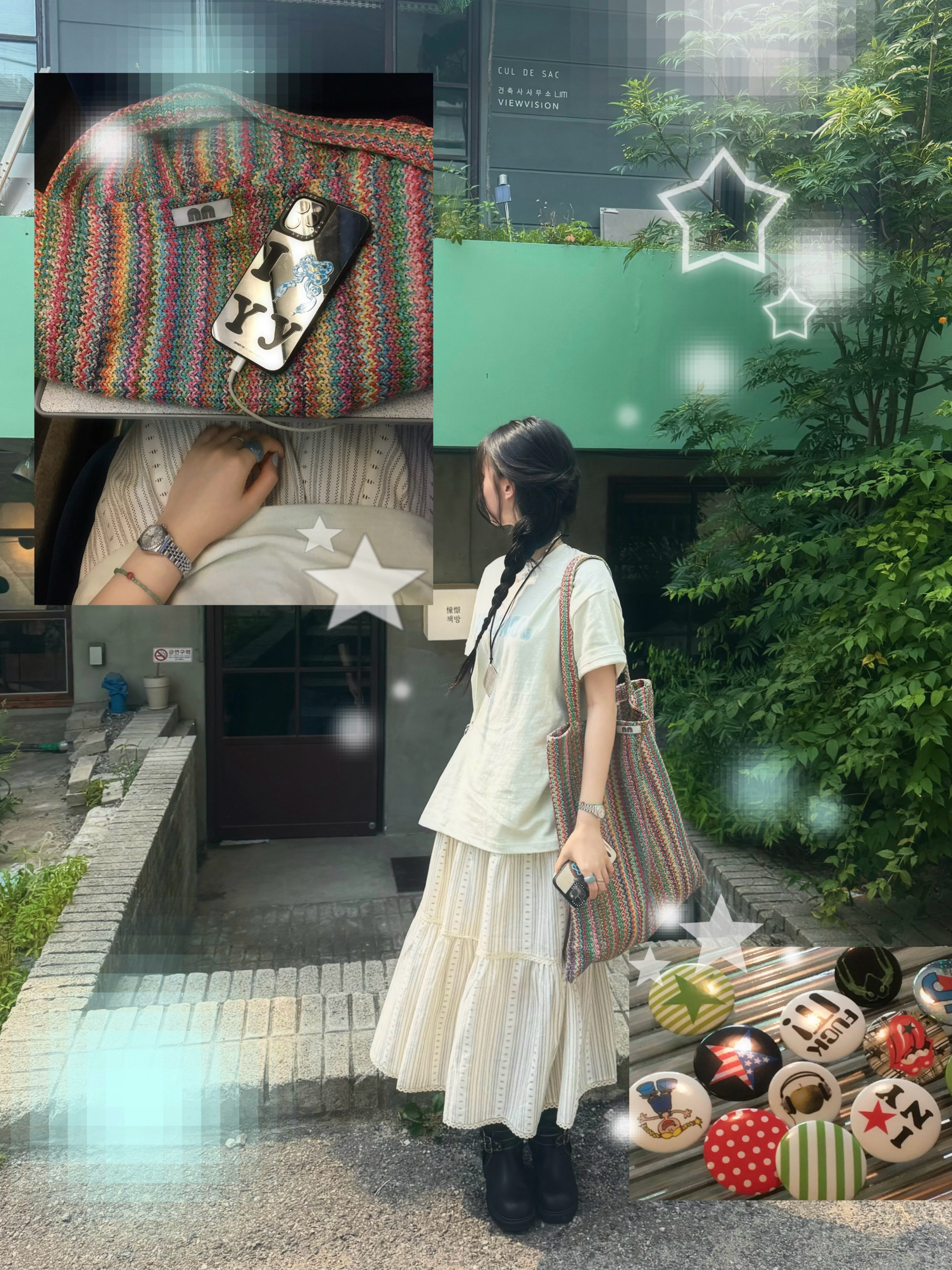 Not New Pattern Tote Bag Rainbow, Not New Wave Logo T-Shirt Pistachio 착용 스타일 - 1