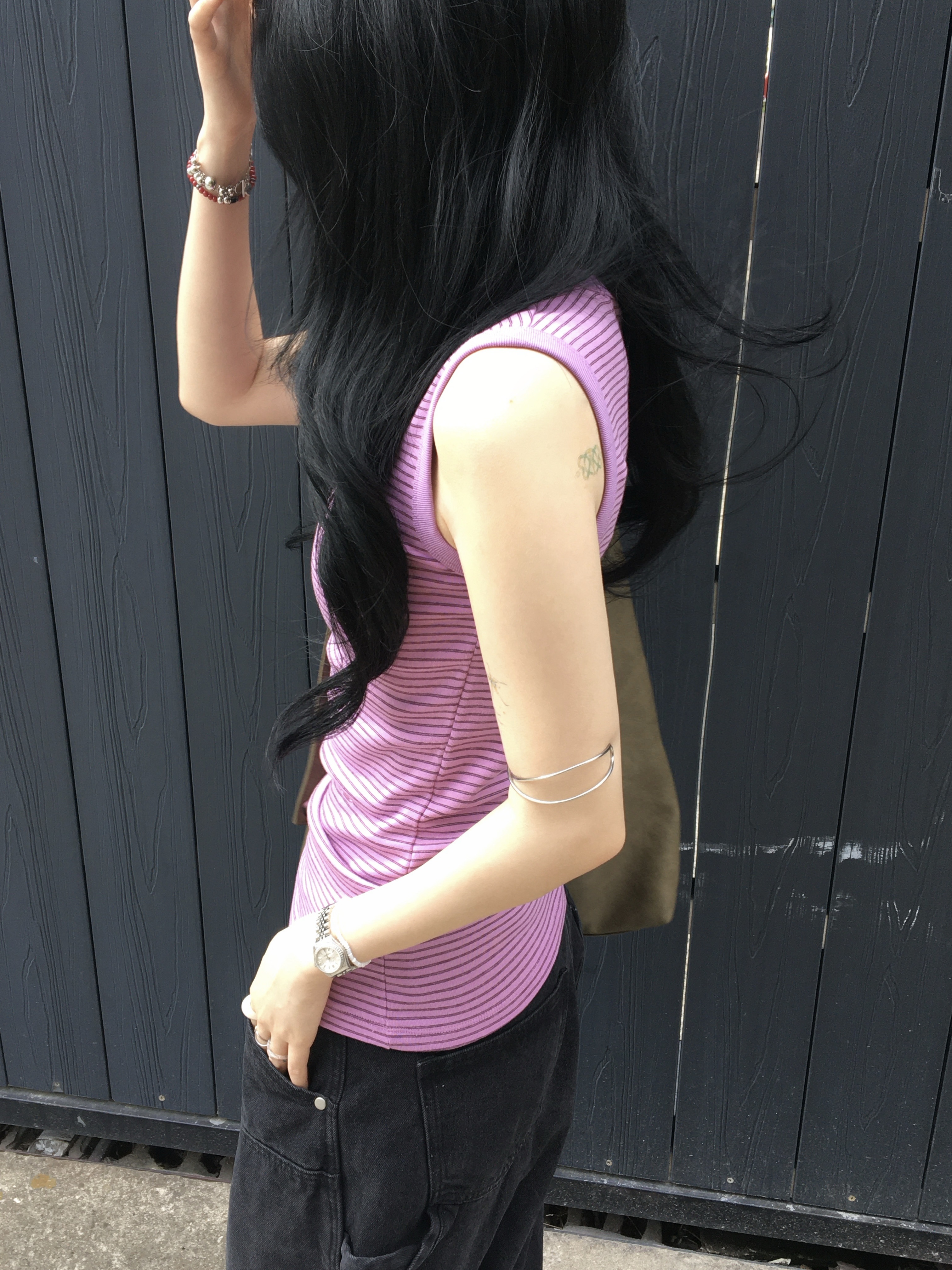 Suade Curved Double Knee Pants Black 착용 스타일 - 2