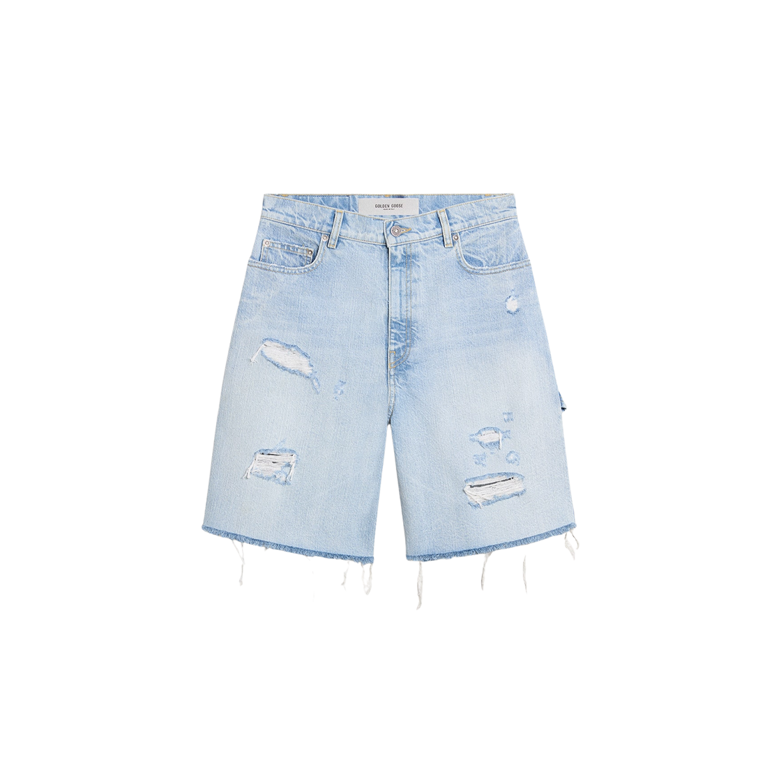 (W) 골든구스 리브드 인 이펙트 데님 버뮤다 쇼츠 라이트 블루((W) Golden Goose Bermuda Shorts in Lived In Effect Denim Light Blue)