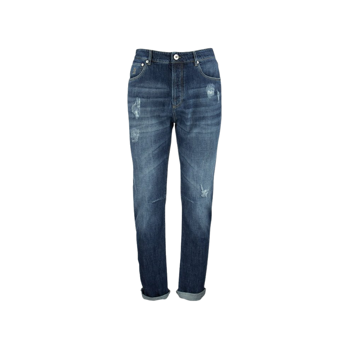 브루넬로 쿠치넬리 립 라이트웨이트 데님 레져 핏 파이브 포켓 트라우저 다크 데님(Brunello Cucinelli Lightweight Denim Leisure Fit Five Pocket Trousers with Rips Dark Denim) - 1
