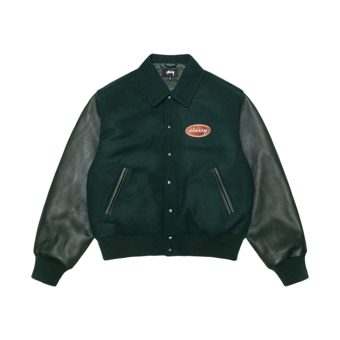 115870 Stussy Script Oval Varsity Jacket Green