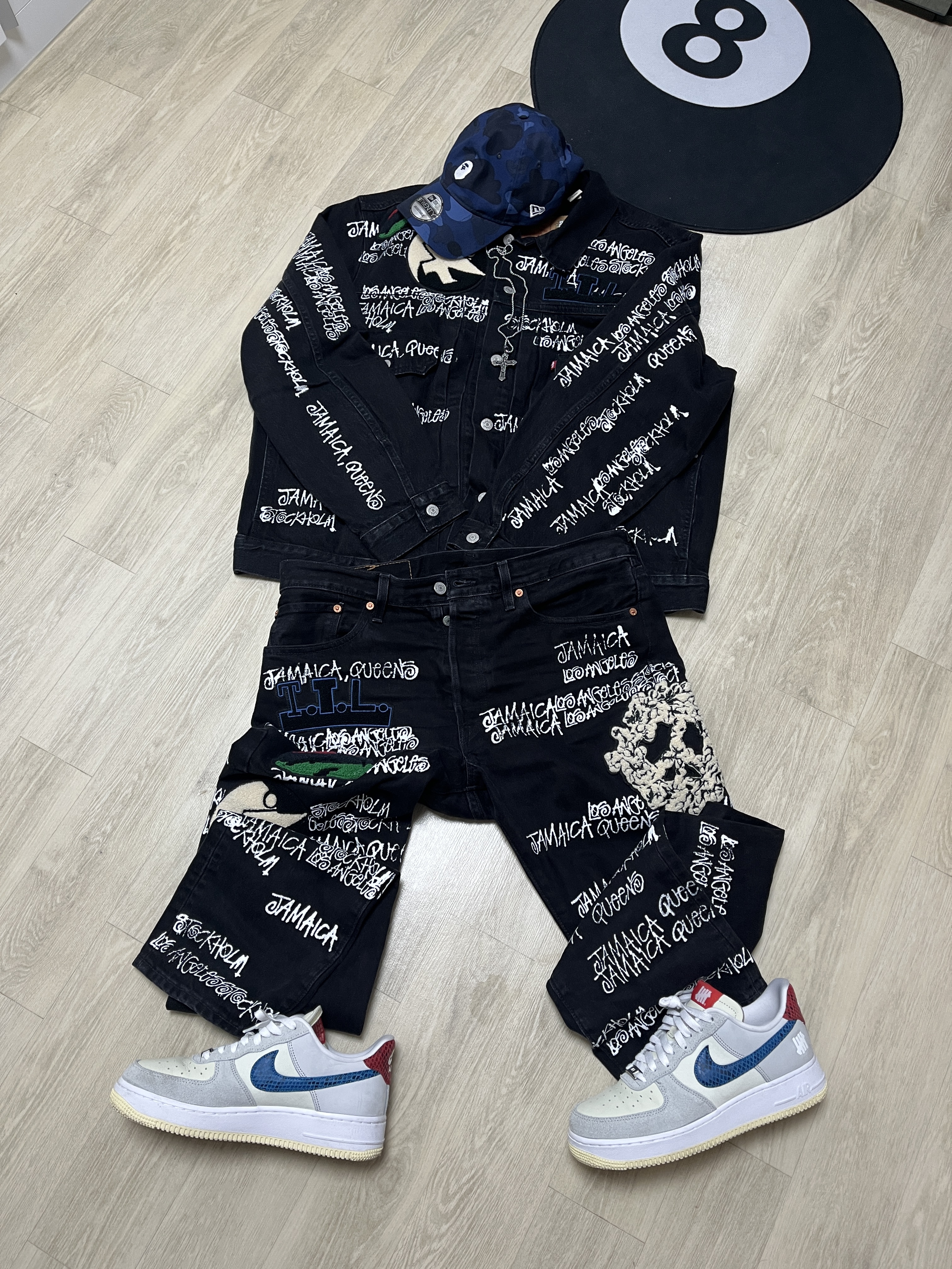 Stussy x Our Legacy x Denim Tears TTL Denim Jacket Black, Stussy x Our Legacy x Denim Tears TTL 501 Jean Black 착용 스타일