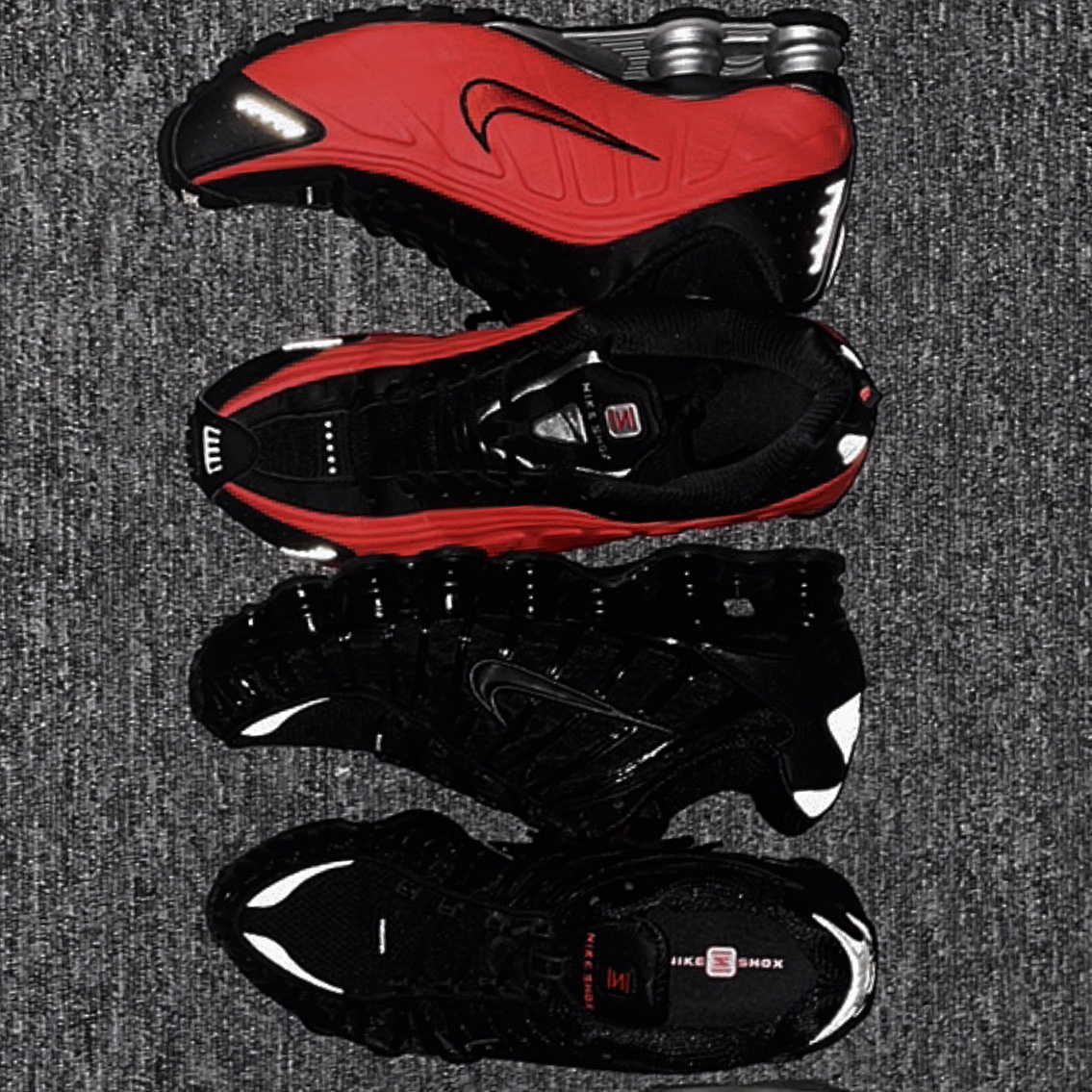 (W) Nike Shox TL Black and Max Orange, Nike Shox R4 University Red Black 착용 스타일