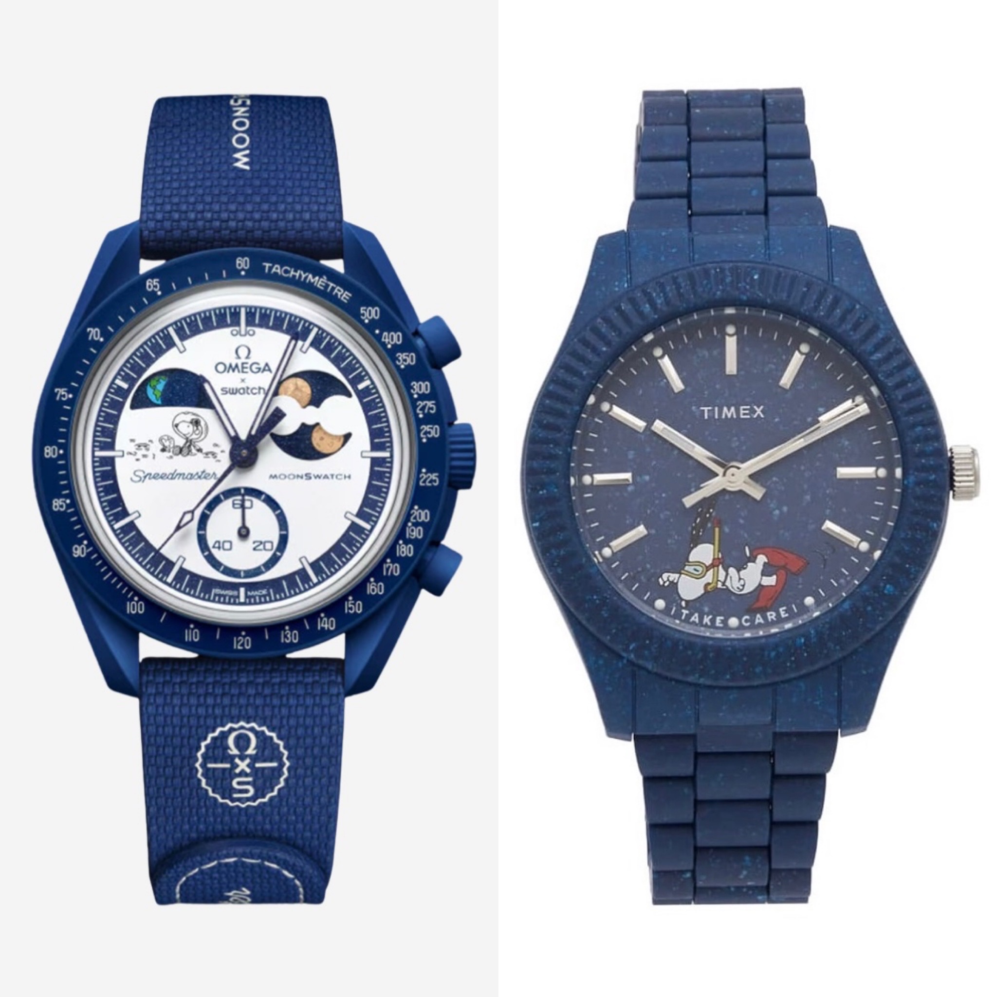 Swatch x Omega x Snoopy Bioceramic Moonswatch August's Mission To Earthphase 42mm Moonshine Gold, Timex x Peanuts Legacy Ocean 41mm Recycled Bracelet Watch Blue 착용 스타일