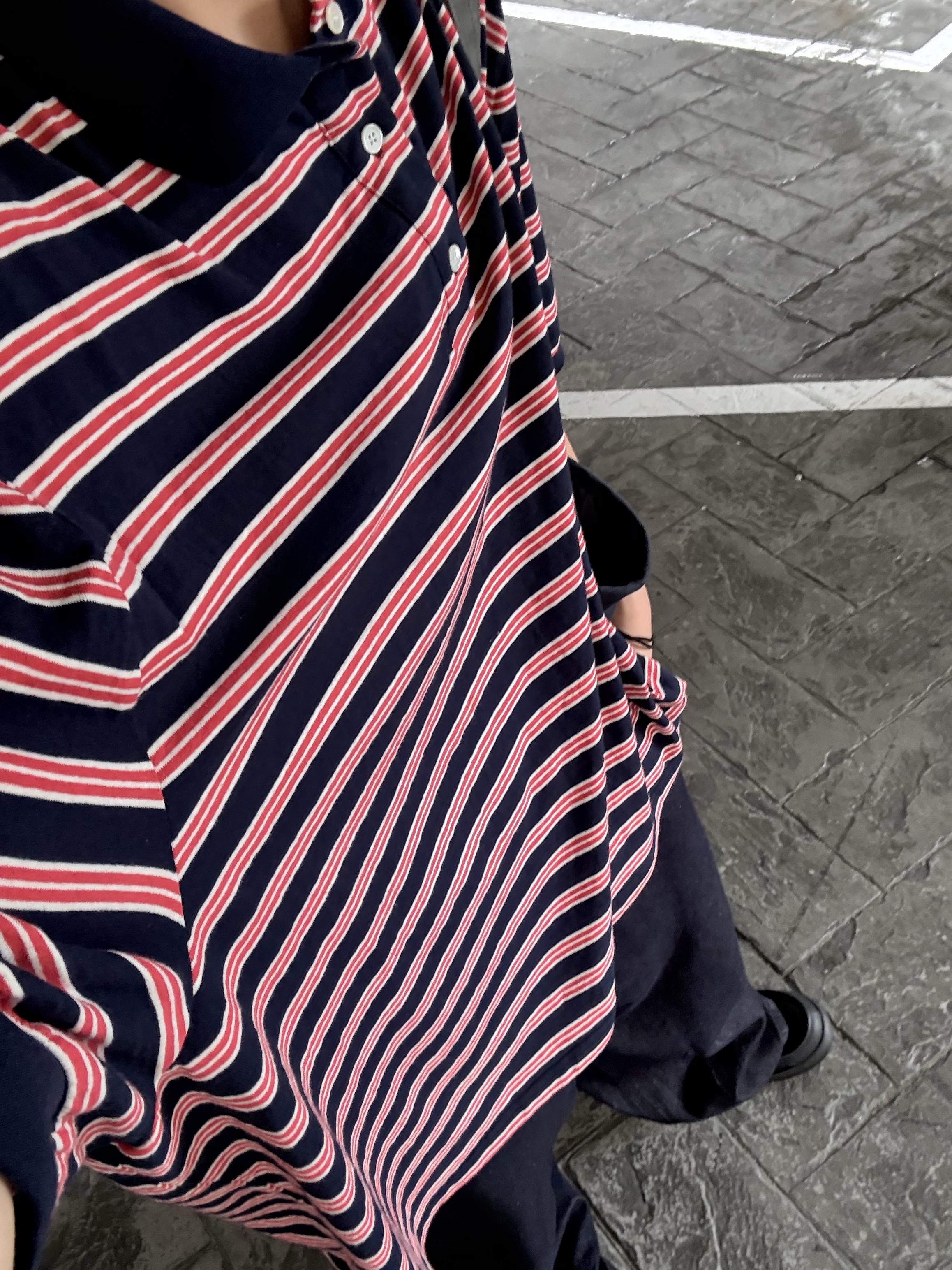MJD Oversized Stripe Polo Dark Navy, MJD Oversized Stripe Polo Melange Grey 착용 스타일
