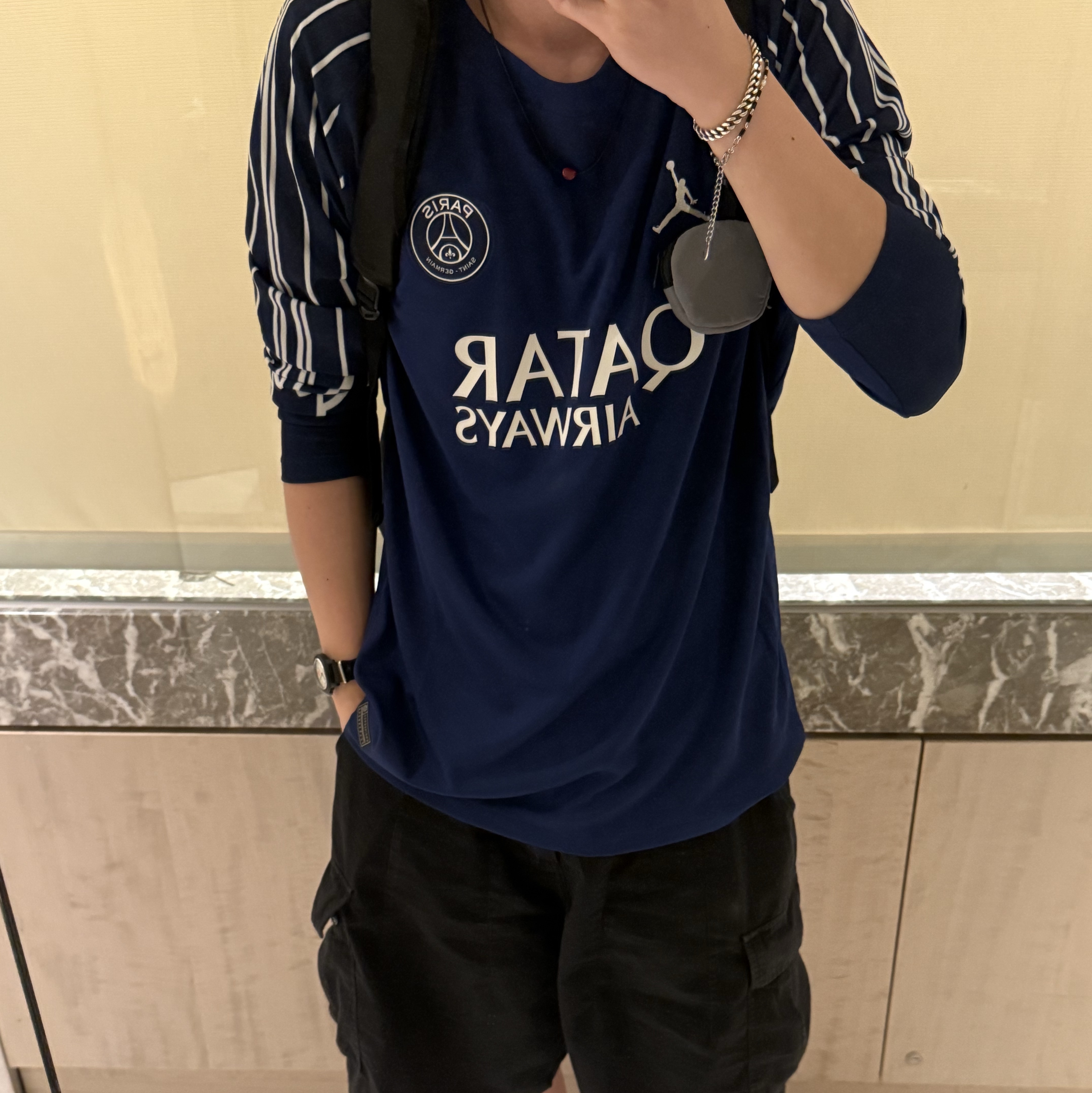Jordan x Paris Saint-Germain 2024/25 Stadium 4th Dri-Fit Replica Long-Sleeve Jersey Blue Void Phantom (Non Marking Ver.) 착용 스타일 - 2