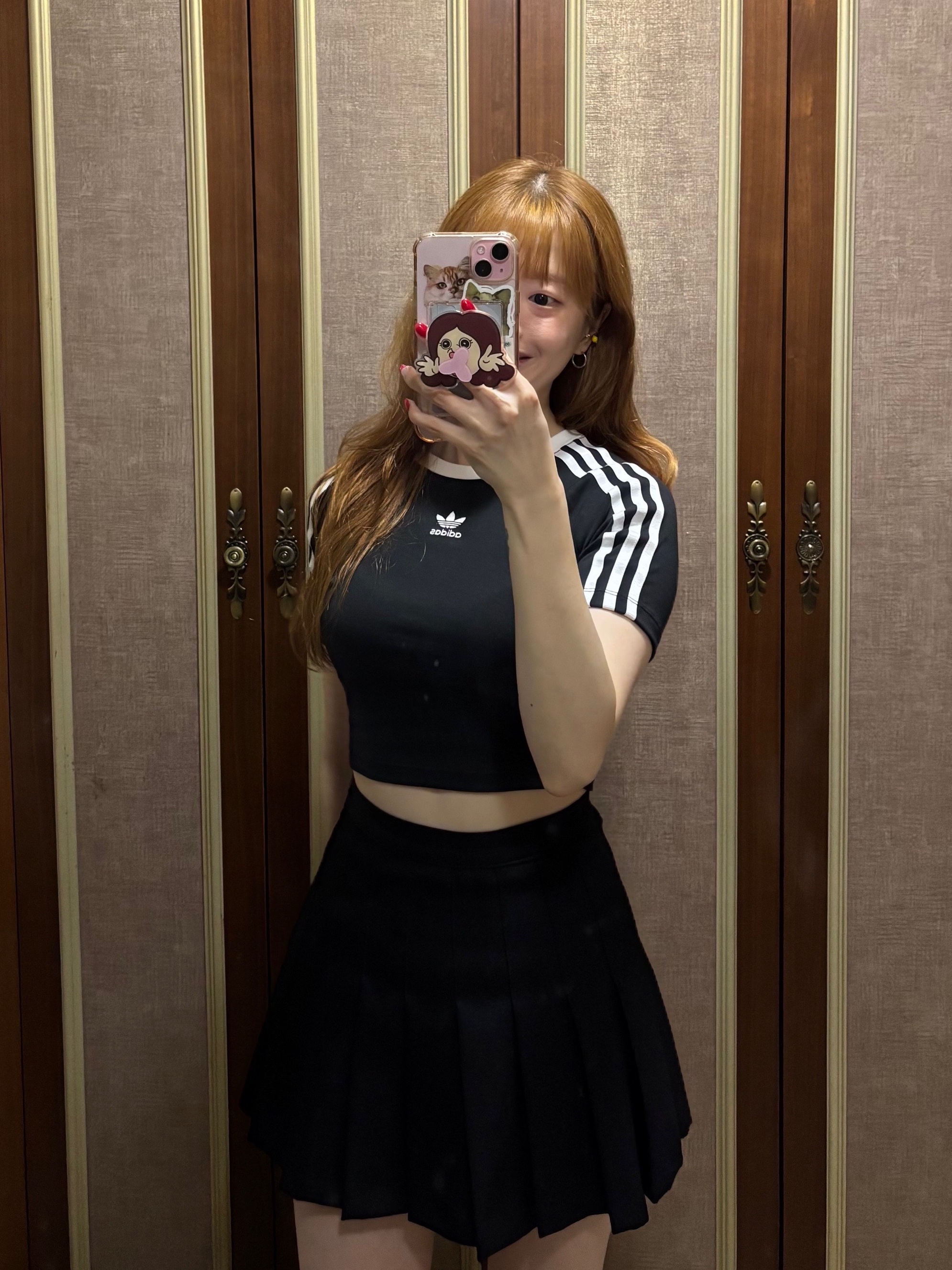 (W) Adidas 3S Baby T-Shirt Black - KR Sizing, Adidas Adilette Clog Black White 착용 스타일 - 1