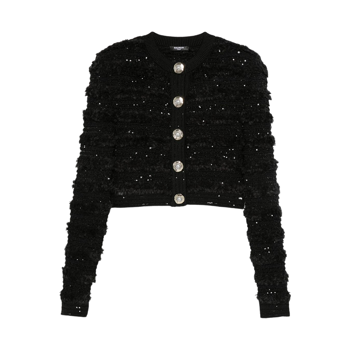 (W) 발망 롱슬리브 트위드 이펙트 니트 가디건 블랙((W) Balmain Long Sleeve Tweed Effect Knit Cardigan Black)