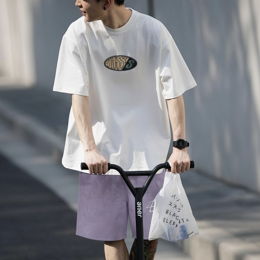 Stussy Pitstop Pigment Dyed T-Shirt Natural, Stussy Wave Dye Nylon Shorts Grape 착용 스타일