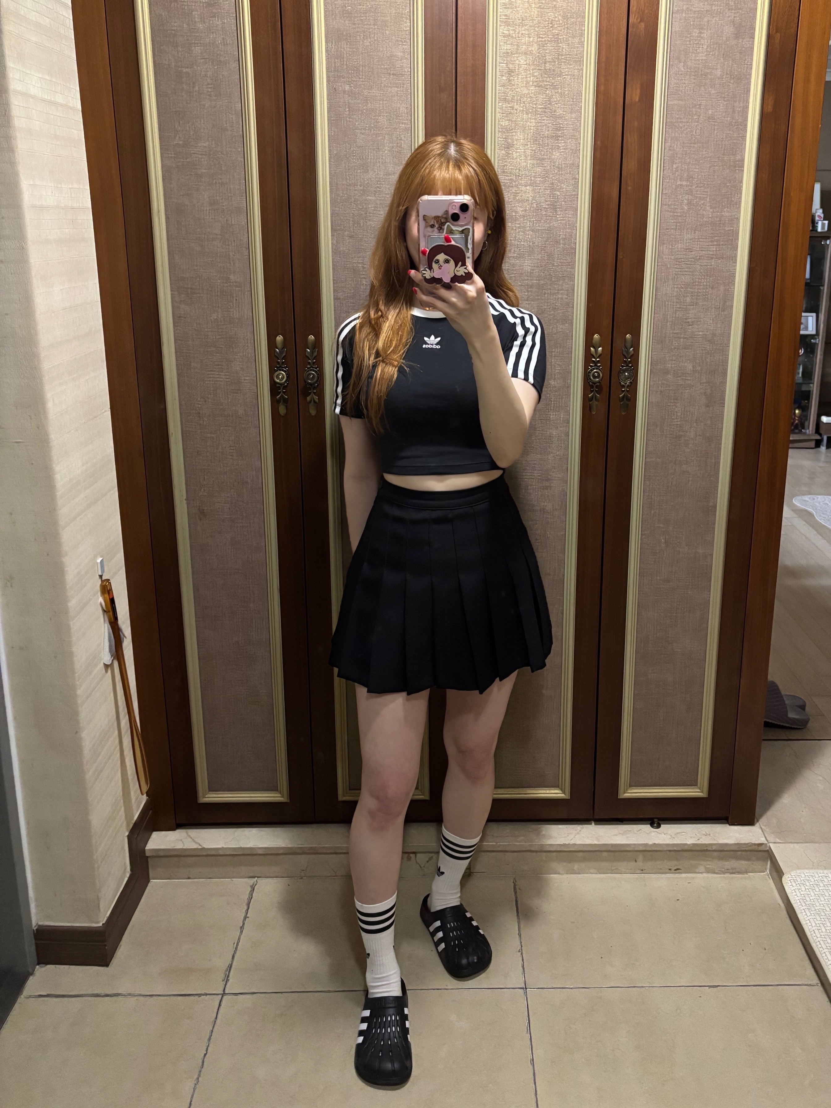 (W) Adidas 3S Baby T-Shirt Black - KR Sizing, Adidas Adilette Clog Black White 착용 스타일 - 6