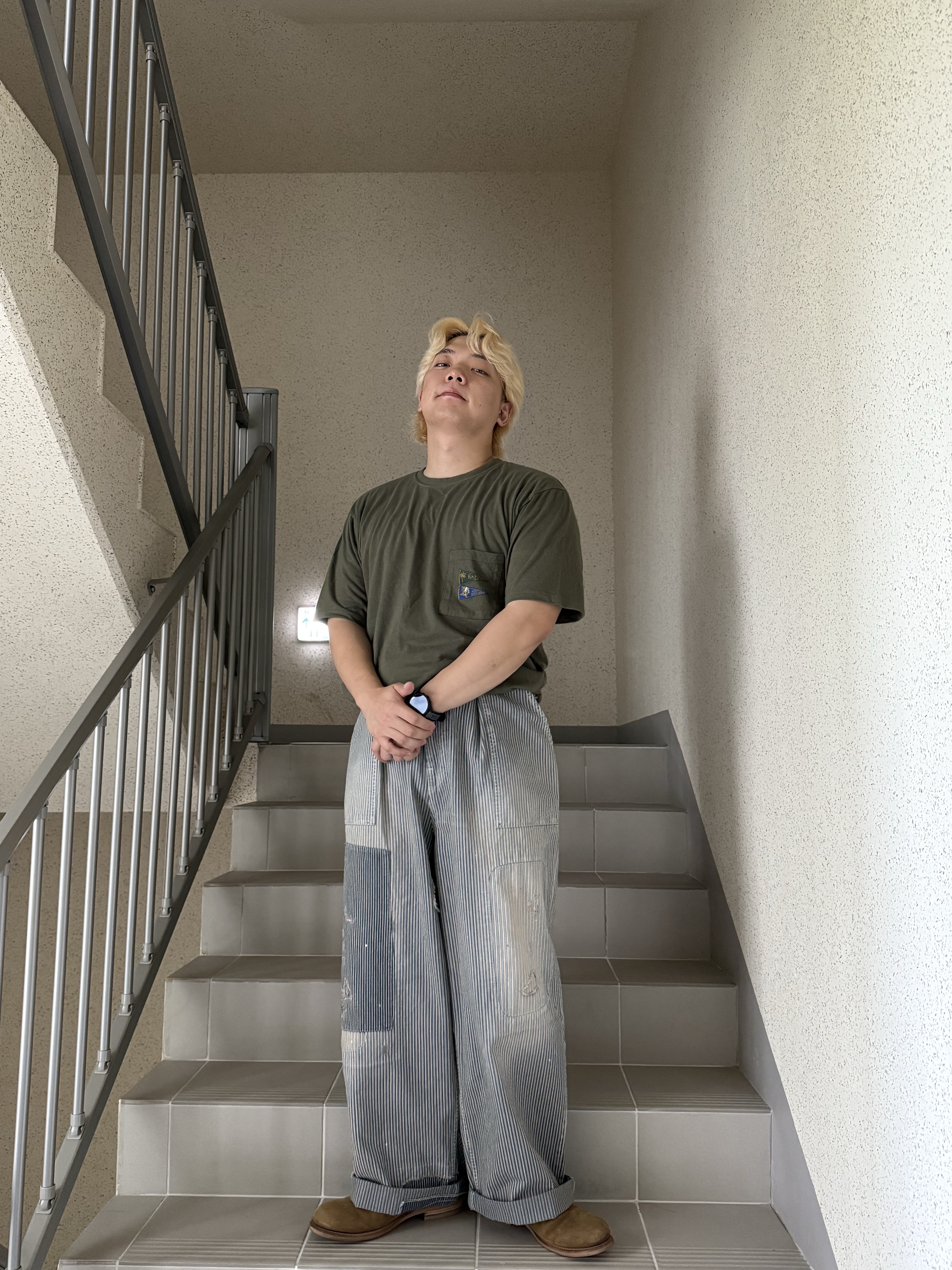 Kapital 20 Jersey Pennant T-Shirt 4 Flags Khaki, Kapital Liberty Hickory Fatigue Baggy Pants Rushfield Remake Hickory 착용 스타일 - 6