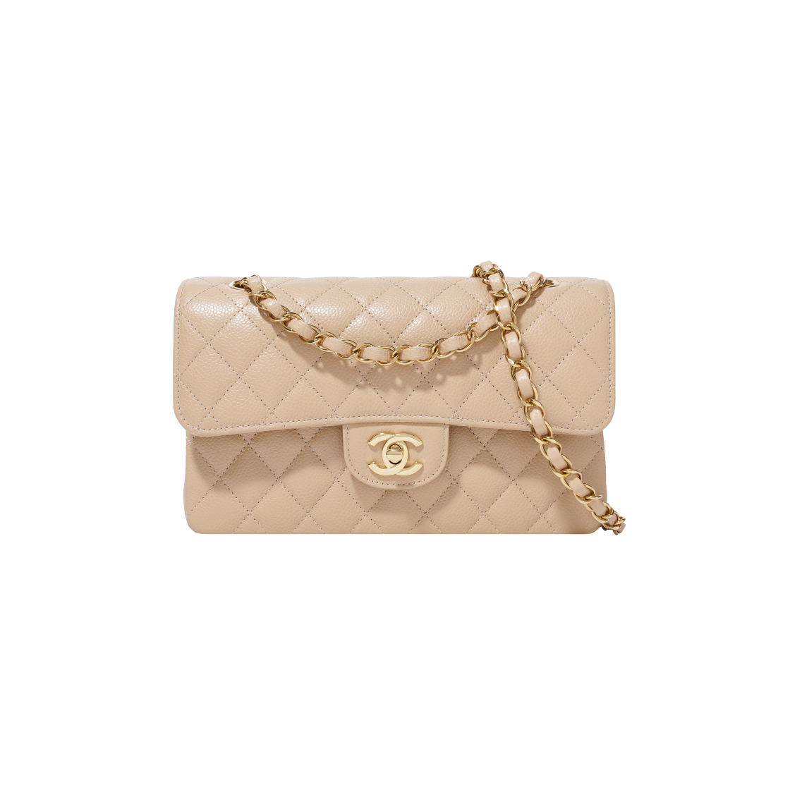 샤넬 클래식 스몰 플랩백 그레인드 카프스킨 & 골드 메탈 베이지