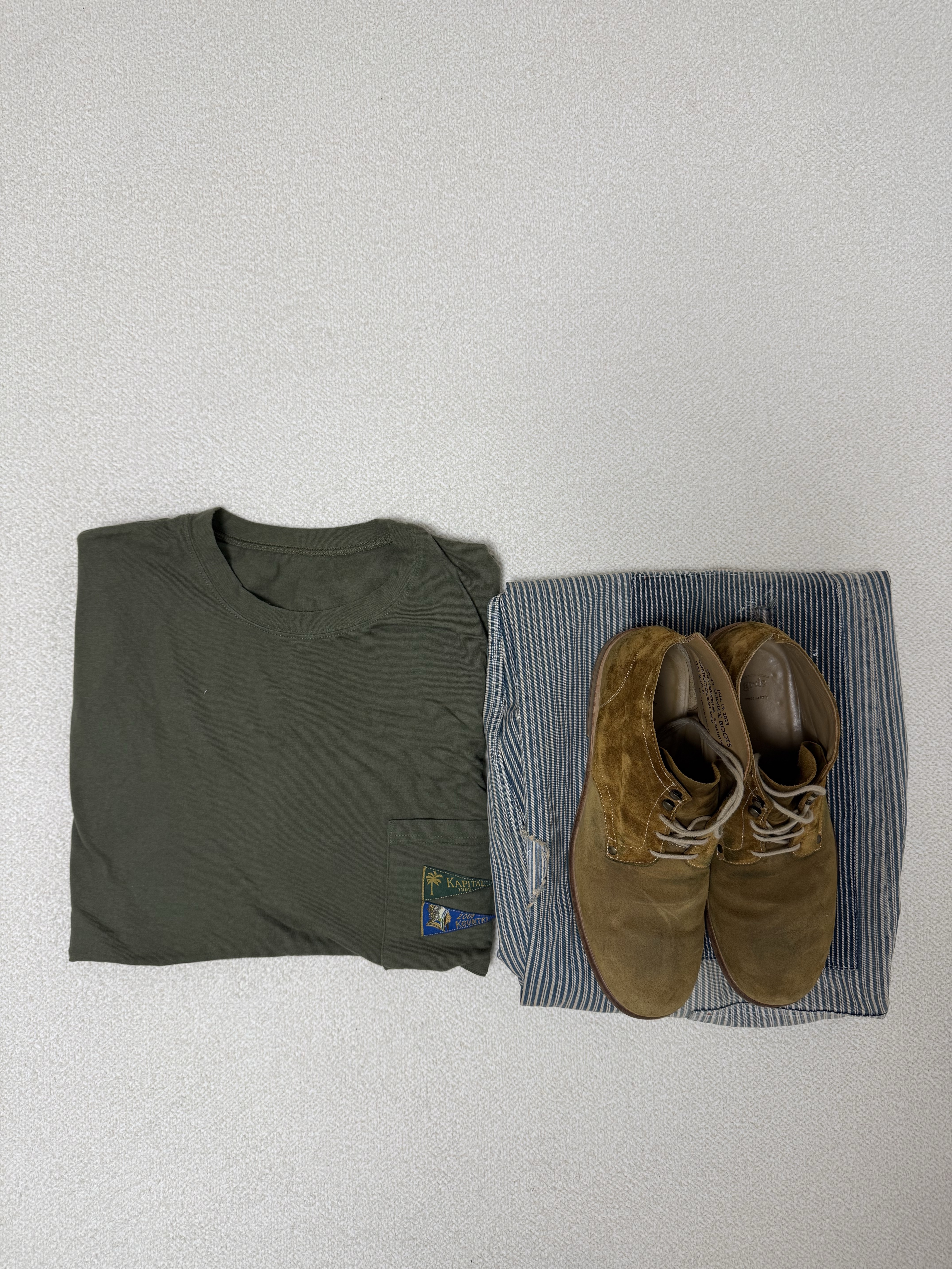 Kapital 20 Jersey Pennant T-Shirt 4 Flags Khaki, Kapital Liberty Hickory Fatigue Baggy Pants Rushfield Remake Hickory 착용 스타일 - 1