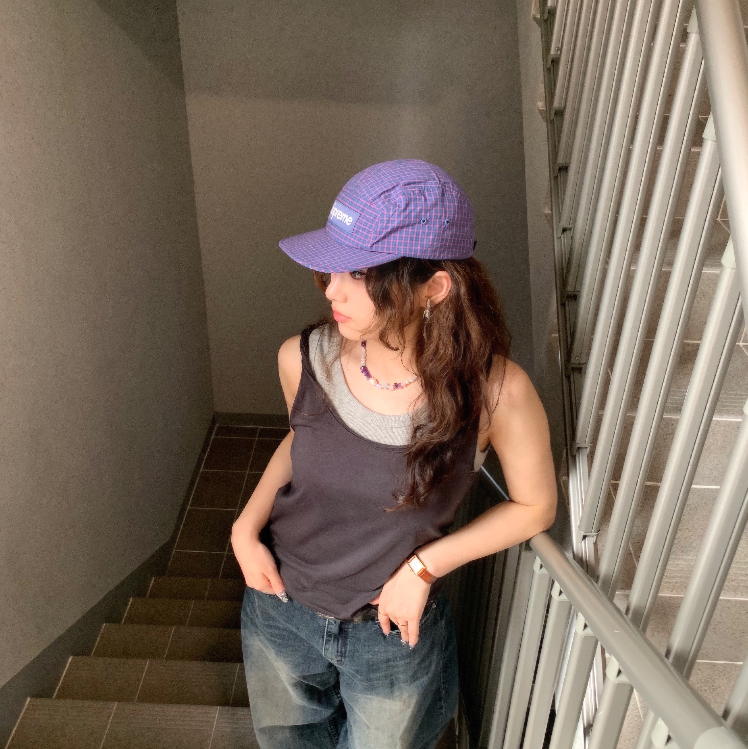 Supreme Cordura Plaid Camp Cap Blue - 25SS 착용 스타일
