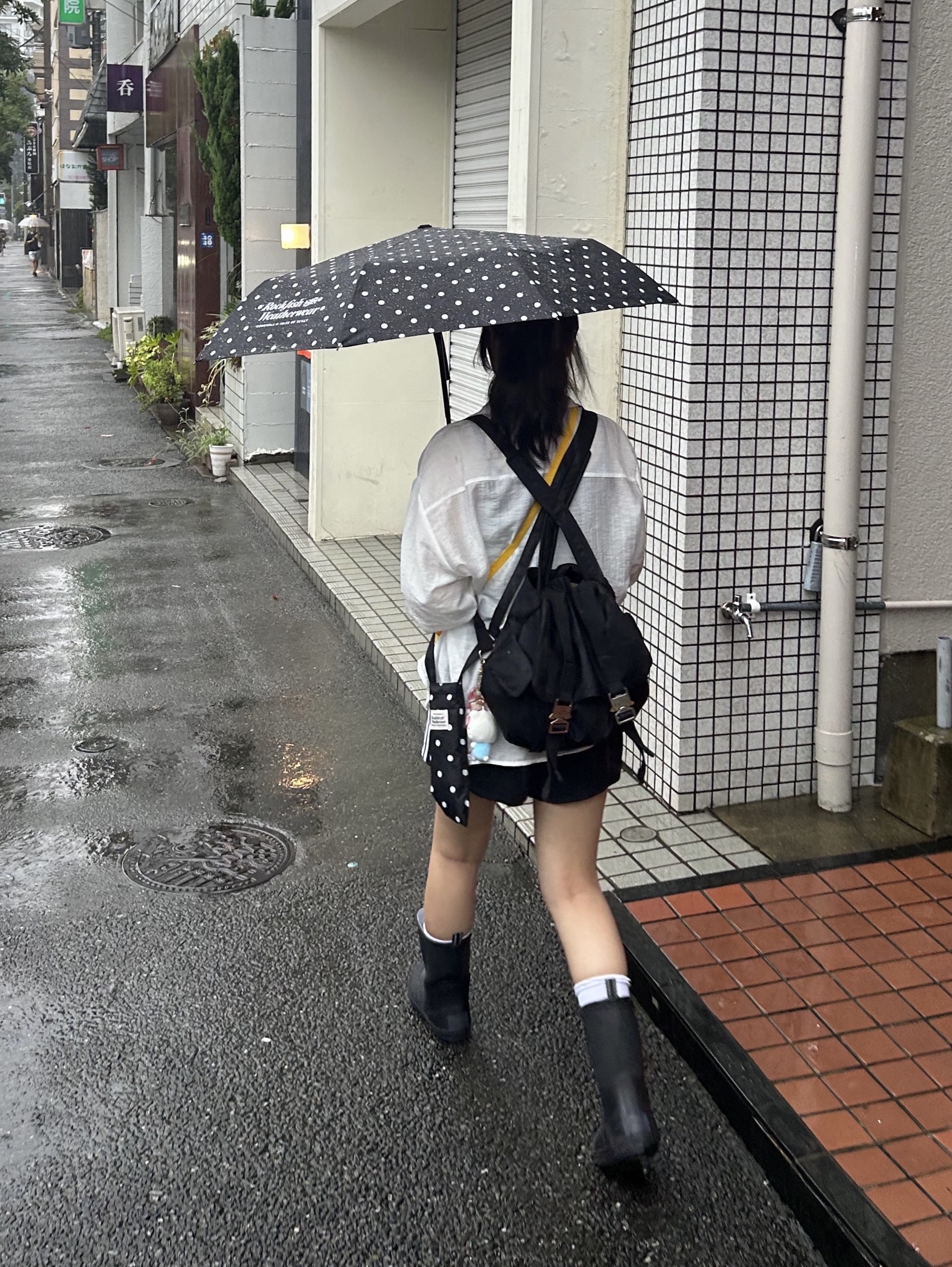 (W) Rockfishweatherwear x 999Humanity Shiny Ebby Middle Rain Boots Black, (W) Adidas 3-Stripes Woven Shorts Black - KR Sizing 착용 스타일