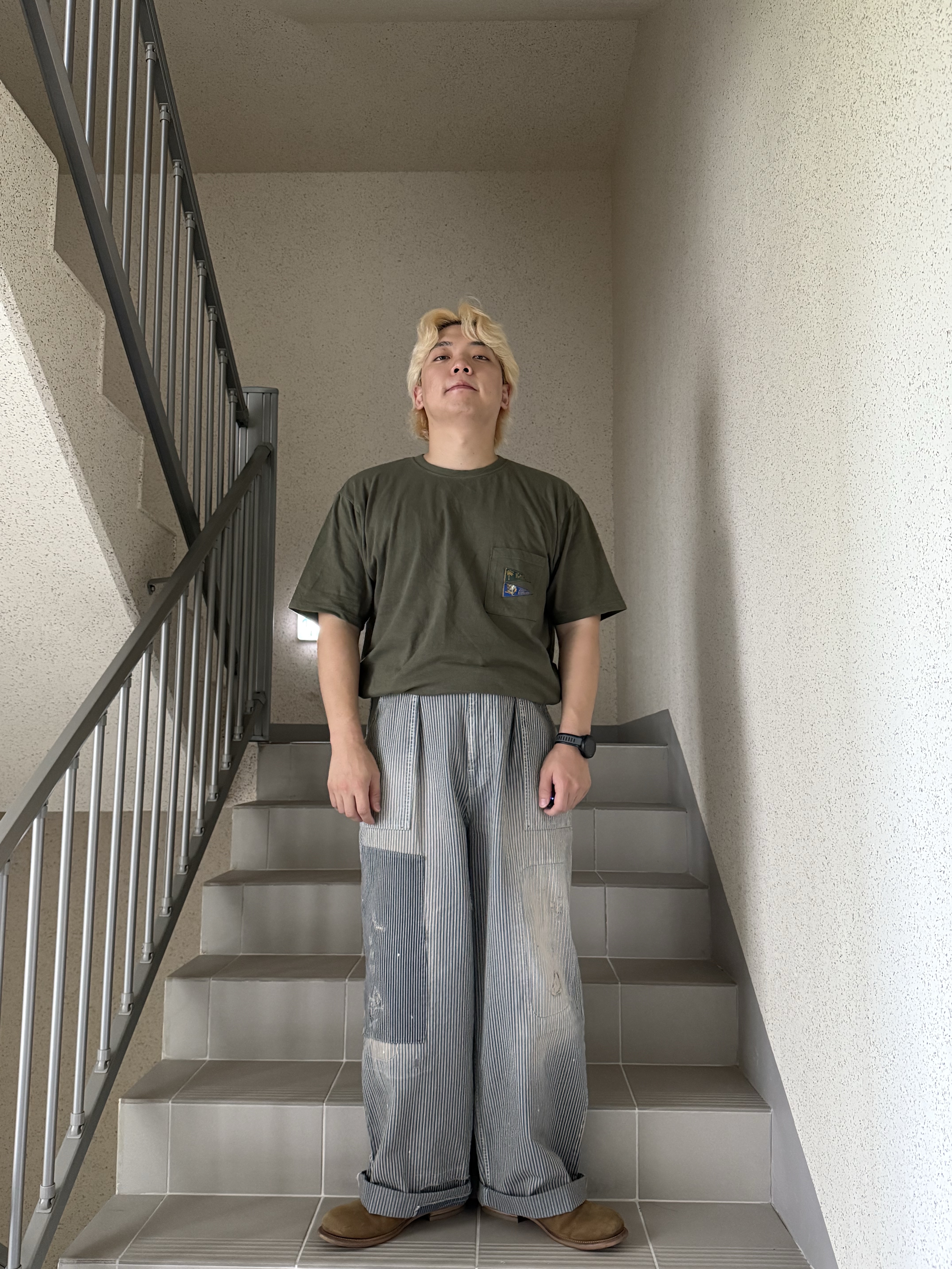 Kapital 20 Jersey Pennant T-Shirt 4 Flags Khaki, Kapital Liberty Hickory Fatigue Baggy Pants Rushfield Remake Hickory 착용 스타일 - 4