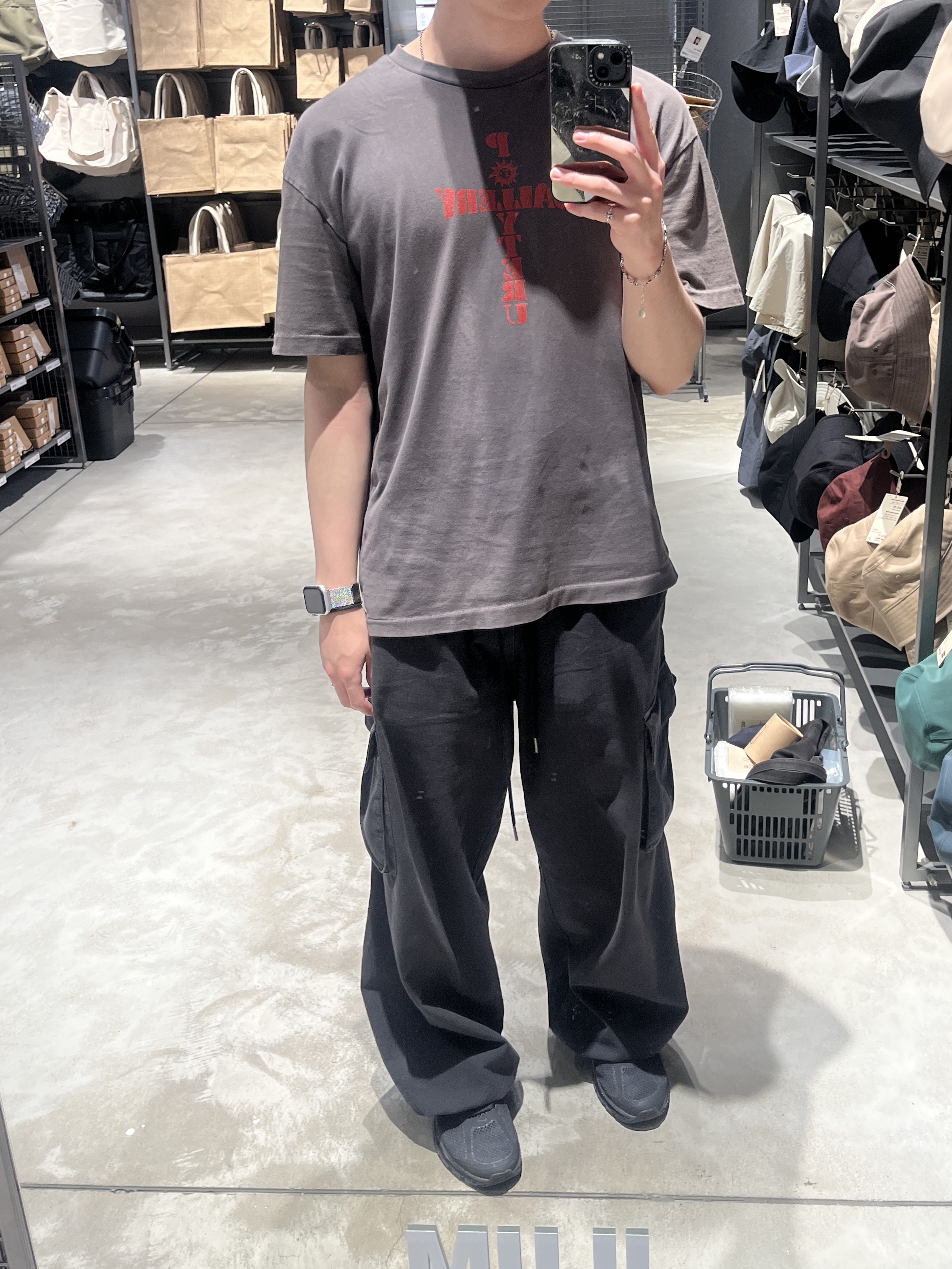Polyteru 1011 1/2 Graphic T Shirt 'Cross Tee' Washed Charcoal Brown, Polyteru Human Index Index Cargo Pants Black 착용 스타일
