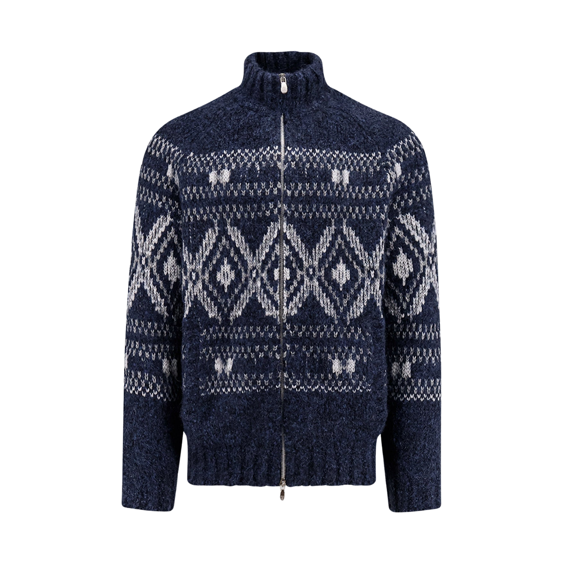 M2B301706-CGY89 Brunello Cucinelli Alpaca Virgin Wool and Cashmere Geometric Jacquard Cardigan with Zipper Navy Blue