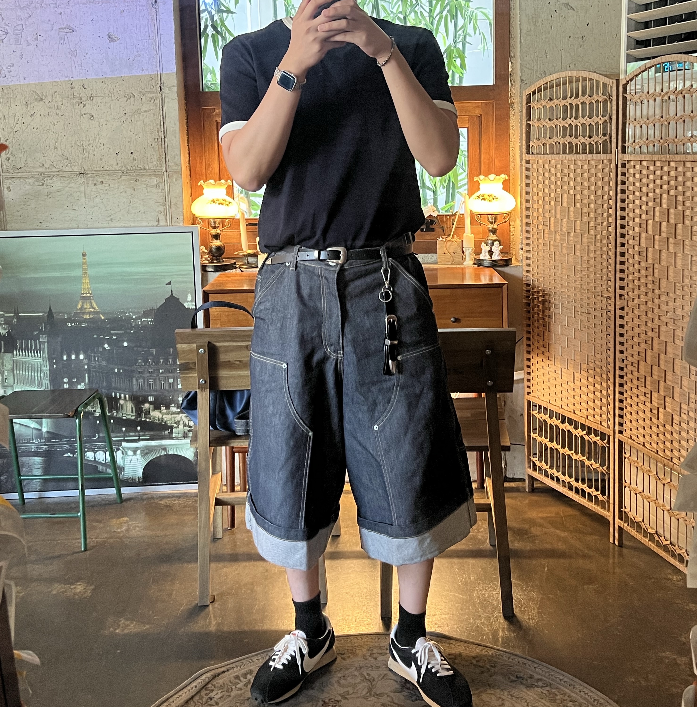 GRAILZ x KOIN SEOUL Carpenter Bermuda Denim Pants Indigo, Nike LD-1000 SP Black and Sail 착용 스타일
