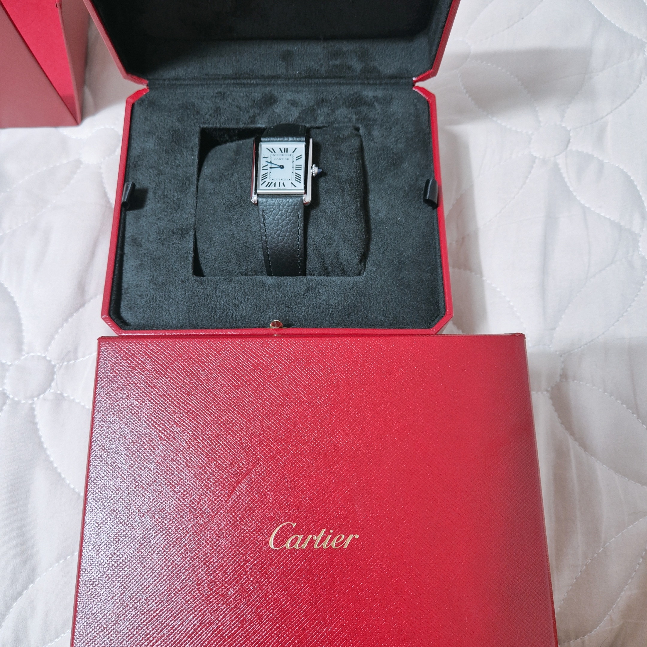 Cartier Tank Must Watch Large Quartz Steel Calfskin Black 착용 스타일 - 2