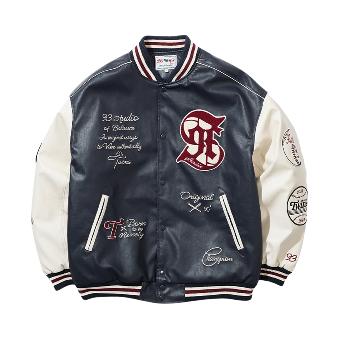 LG 트윈스 x 1993스튜디오 아플리케 레더 바시티 자켓 딥 네이비(LG Twins x 1993STUDIO Applique Leather Varsity Jacket Deep Navy)