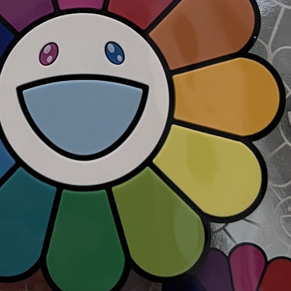 Kaikai Kiki Flower Rubber Keyring Rainbow White 착용 스타일