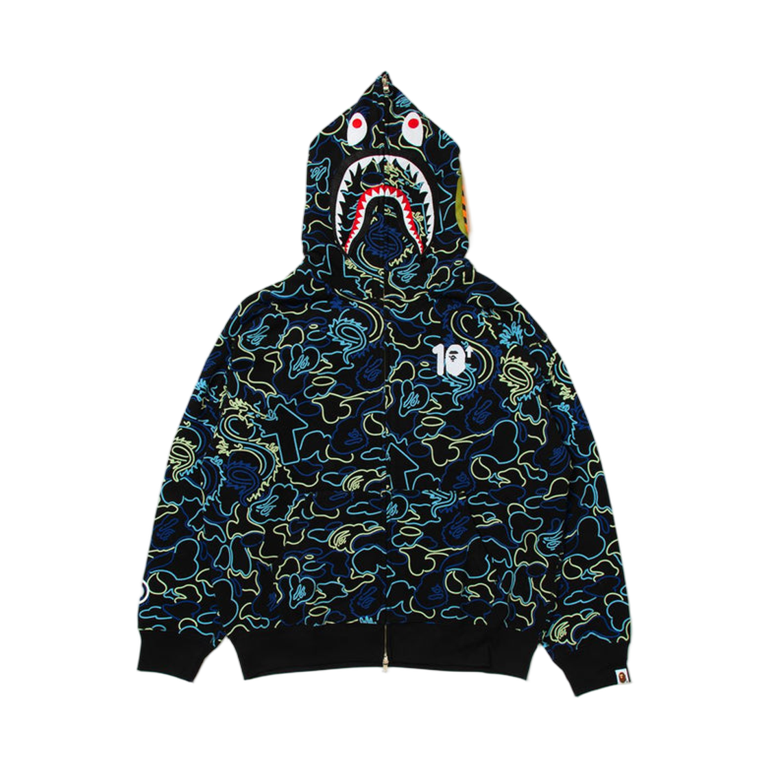 베이프 x 88Rising 글로우 인 더 다크 카모 샤크 풀 집 후드 블루(BAPE x 88Rising Glow In The Dark Camo Shark Full Zip Hoodie Blue) - 1