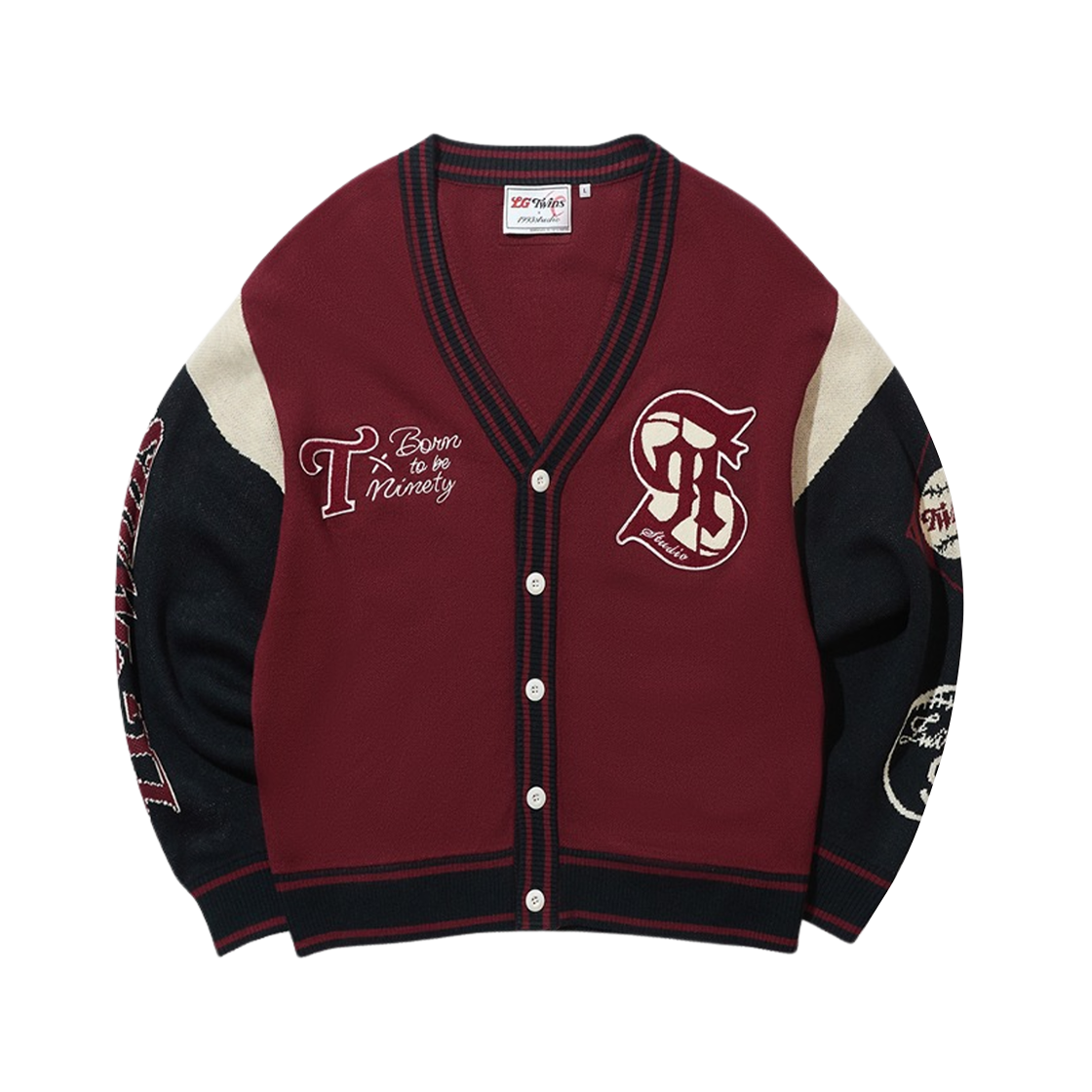 - LG Twins x 1993STUDIO Applique Graphic Knit Cardigan Burgundy