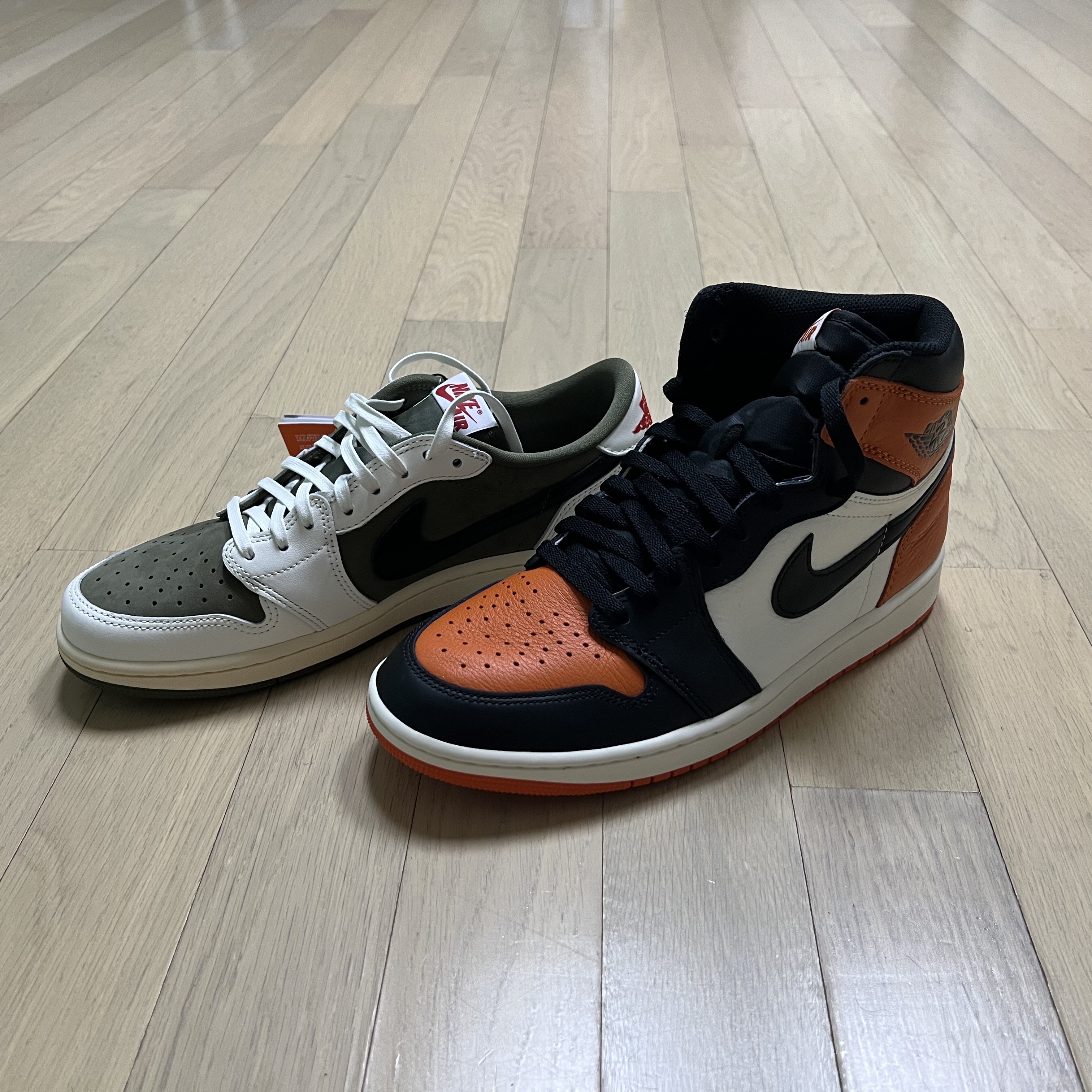 Jordan 1 x Travis Scott Retro Low OG SP Reverse Olive, Jordan 1 Retro High OG Shattered Backboard 착용 스타일