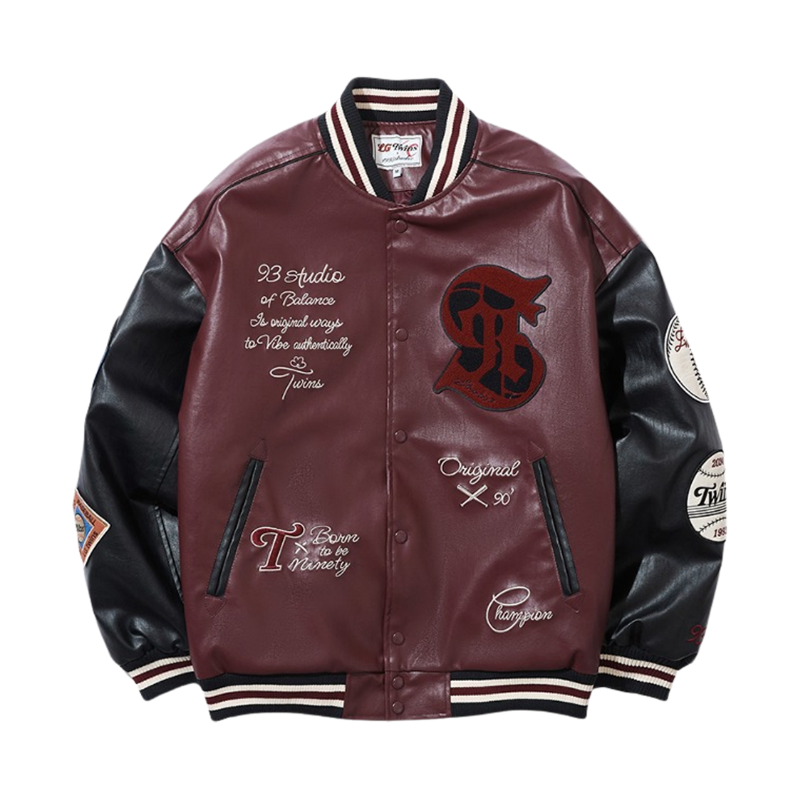 - LG Twins x 1993STUDIO Applique Leather Varsity Jacket Red