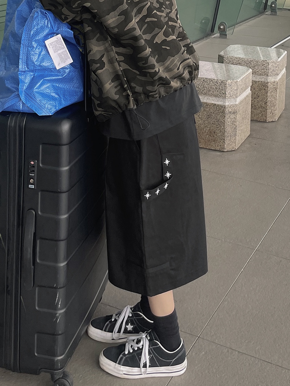 Converse One Star Pro Ox Black White, Heritage Floss Waterproof Nylon BB Cap Black 착용 스타일 - 7