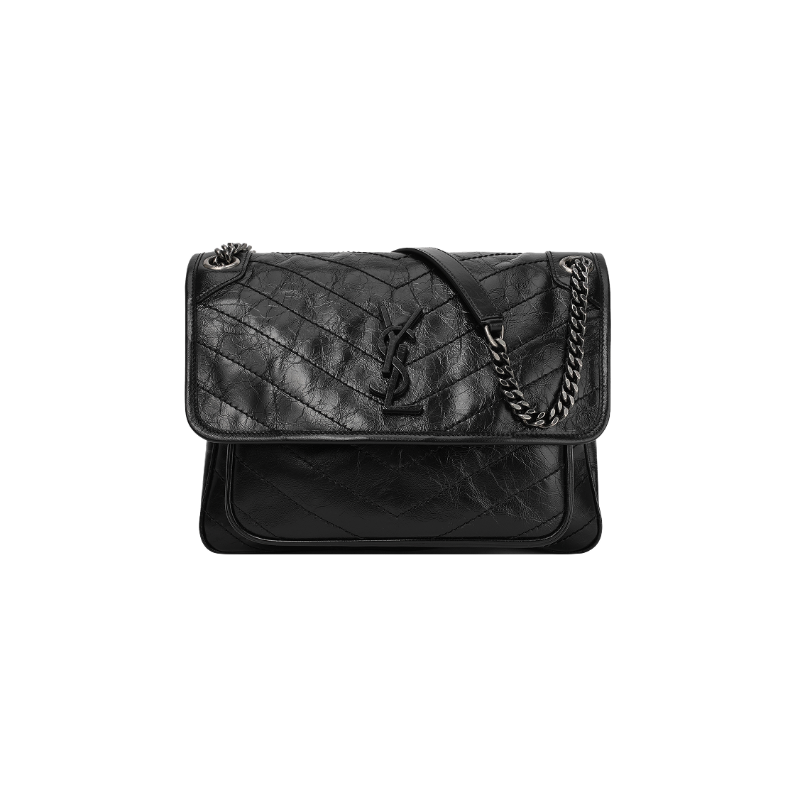 생로랑 크링클 빈티지 레더 블랙 모노그램 니키 미디움백 실버 체인 스트랩 블랙(Saint Laurent Black Monogram Niki Medium Bag with Silver Chain Strap in Crinkled Vintage Leather Black)