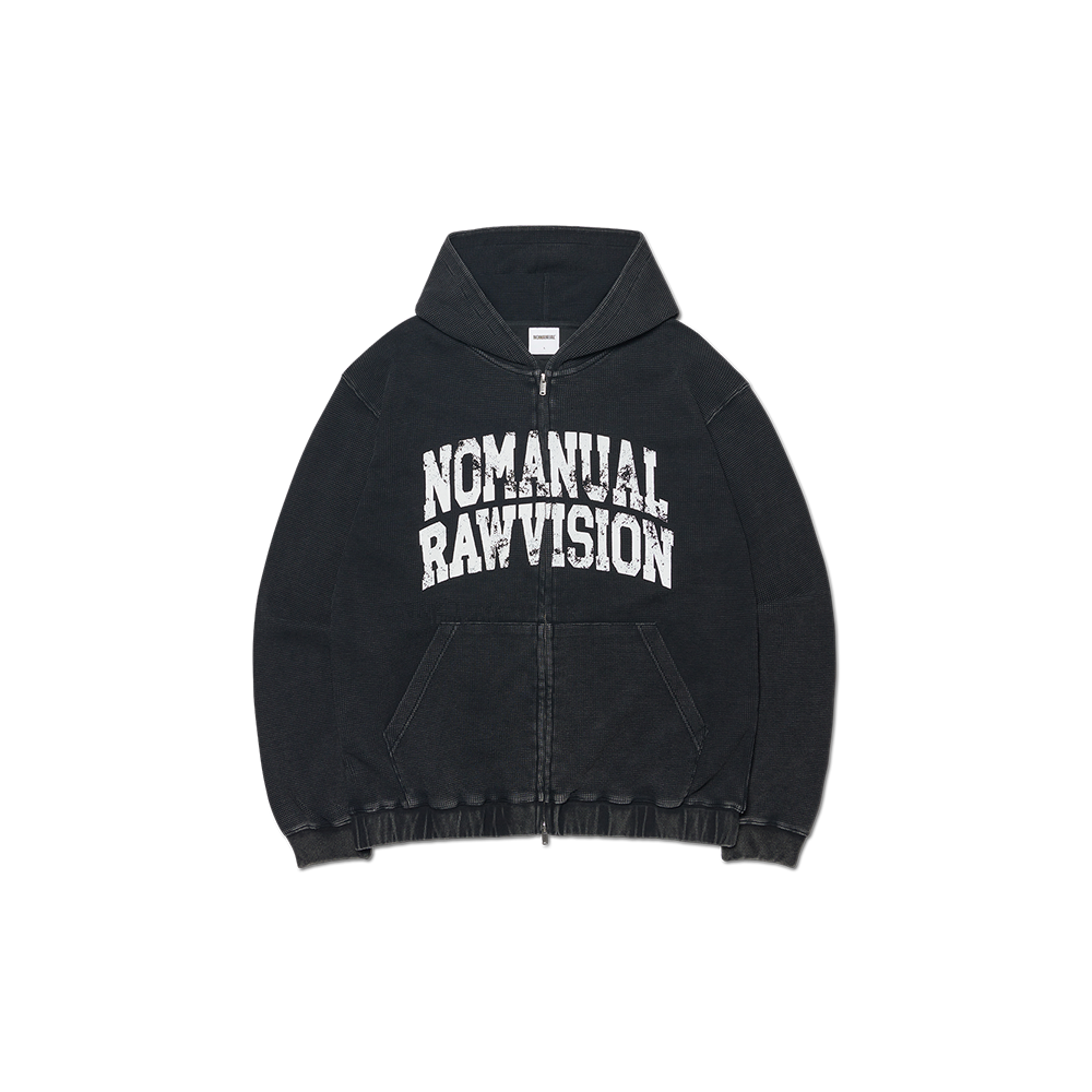 노매뉴얼 빈티지 와플 후디드 집업 워시드 블랙