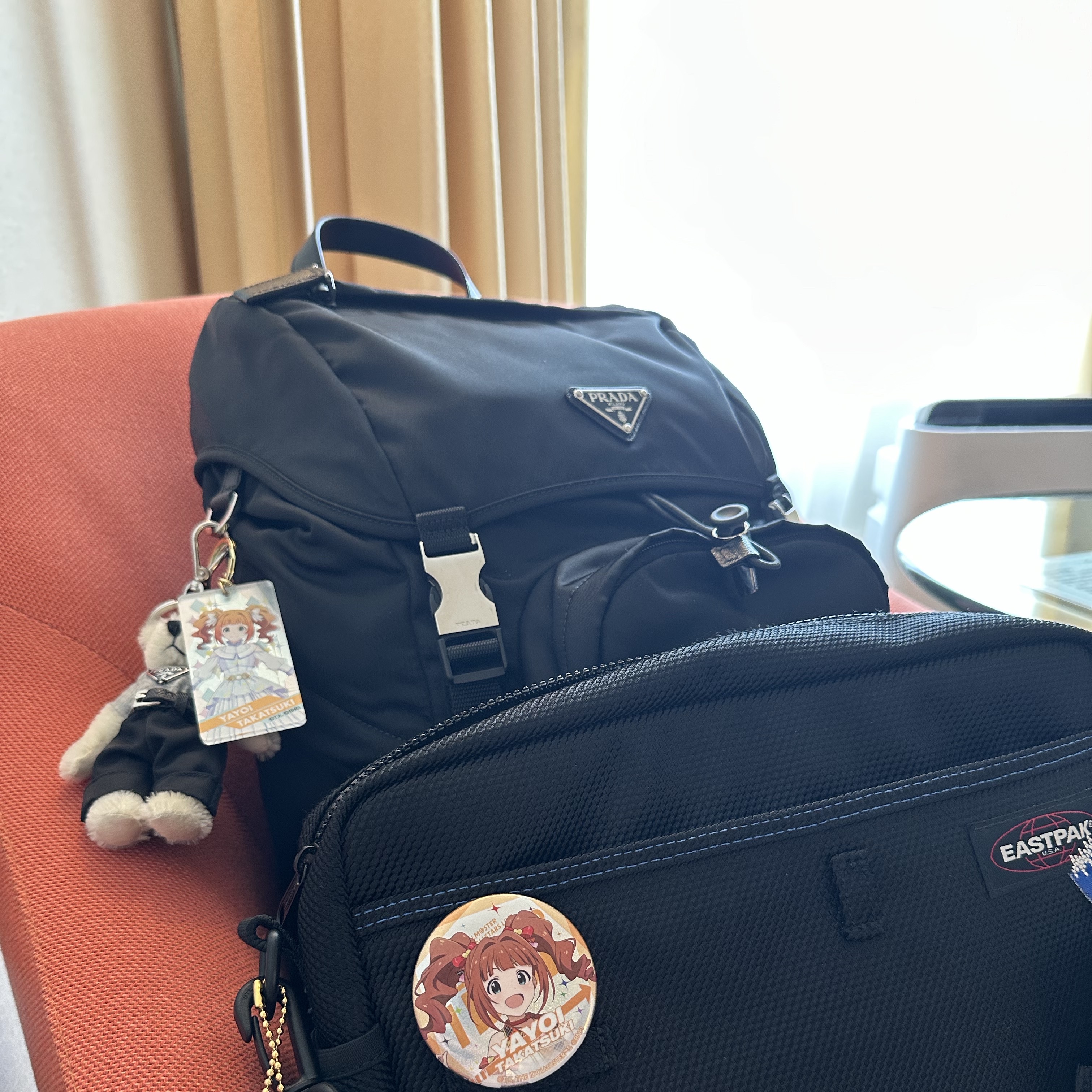 Prada Re-Nylon and Saffiano Leather Backpack Black, Ader Error x Eastpak Shoulder Bag Black 착용 스타일